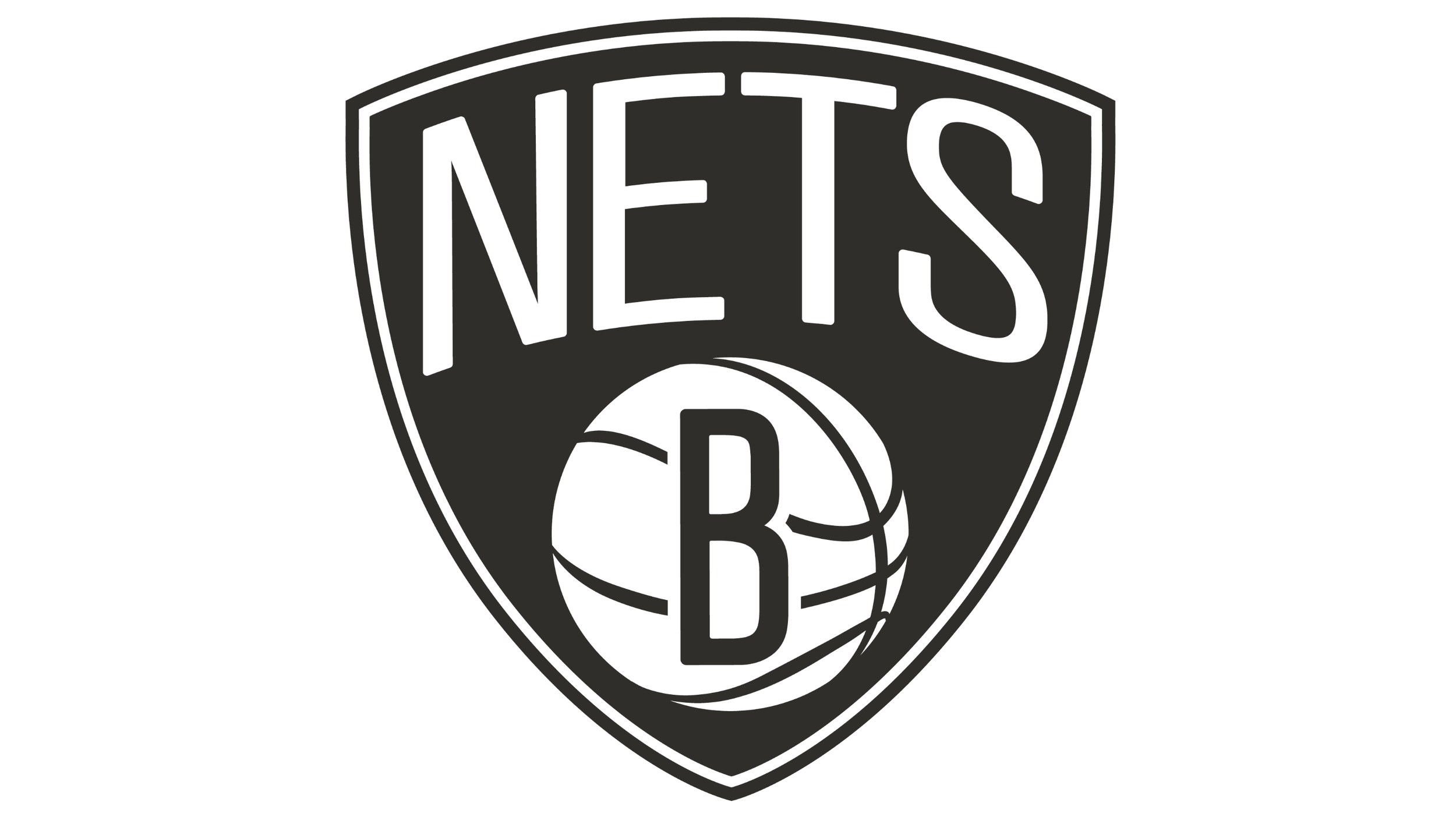 Black and white Brooklyn Nets logo featuring a basketball and the letters 'N B A' inside a shield shape.