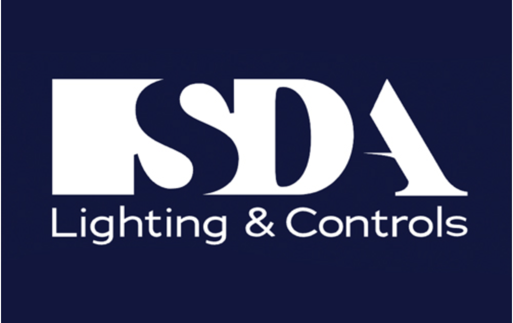 Logo for SDA Lighting & Controls with a dark blue background and white text.