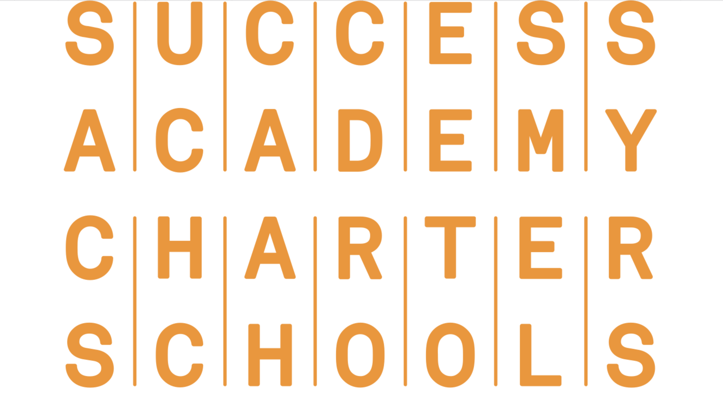 Word puzzle with orange letters spelling "Success Academy Charter Schools" arranged in separate vertical columns.