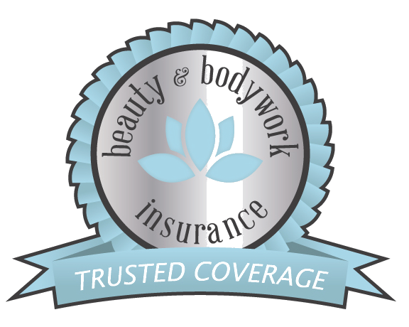 A circular badge with a ribbon banner beneath it. The badge has a blue and gray color scheme, with a stylized leaf in the center. The text around the badge reads "beauty & body work! insurance," and the ribbon says "Trusted Coverage."