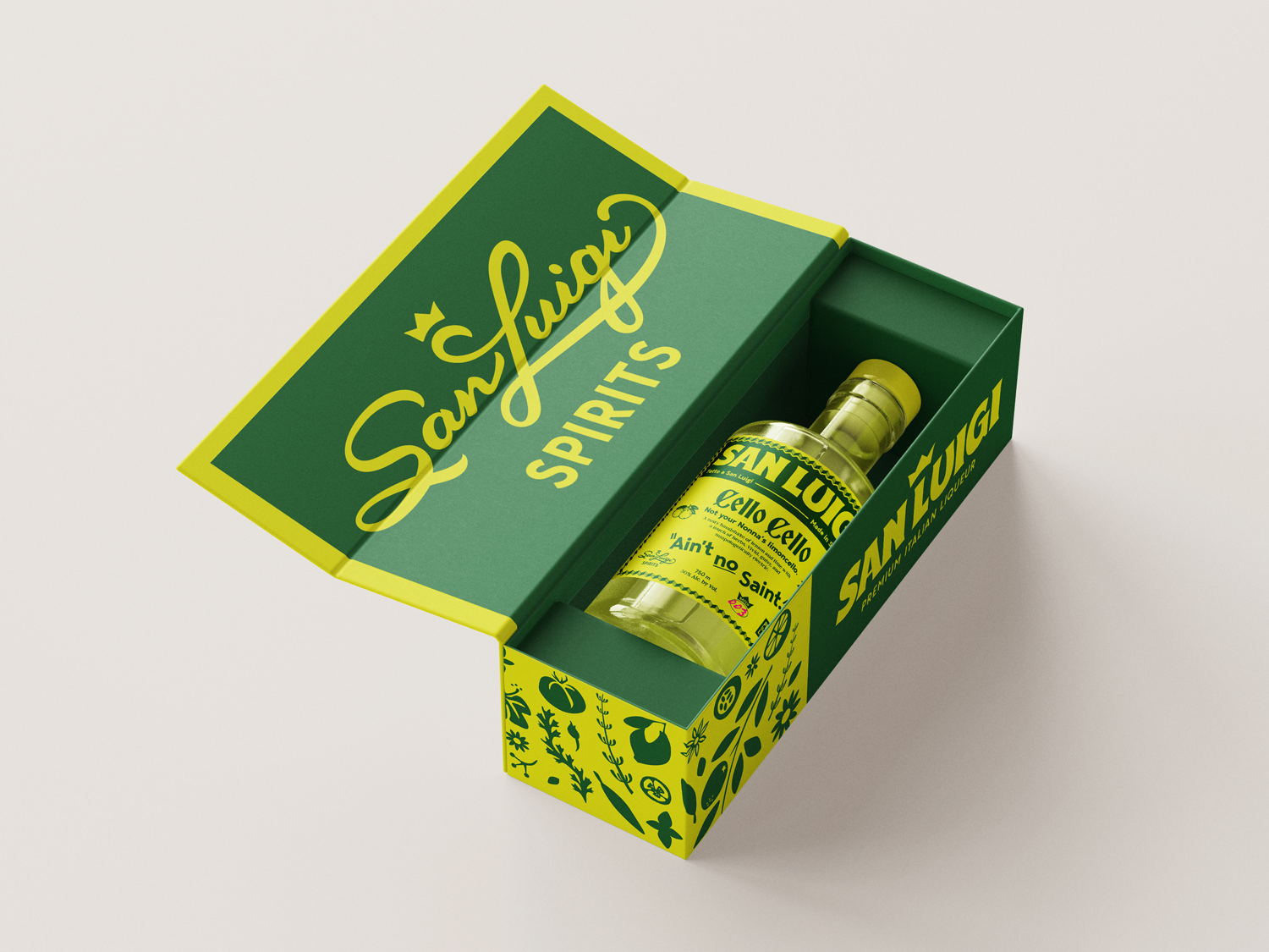 A bottle of San Luigi Cello Cello in a decorative yellow and green box.