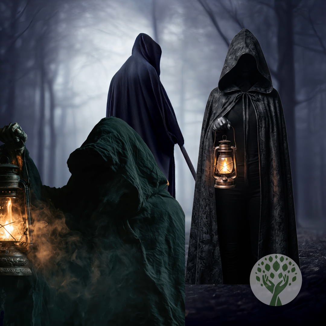 3 Figures dressed as Traitors in a misty wood after midnight.