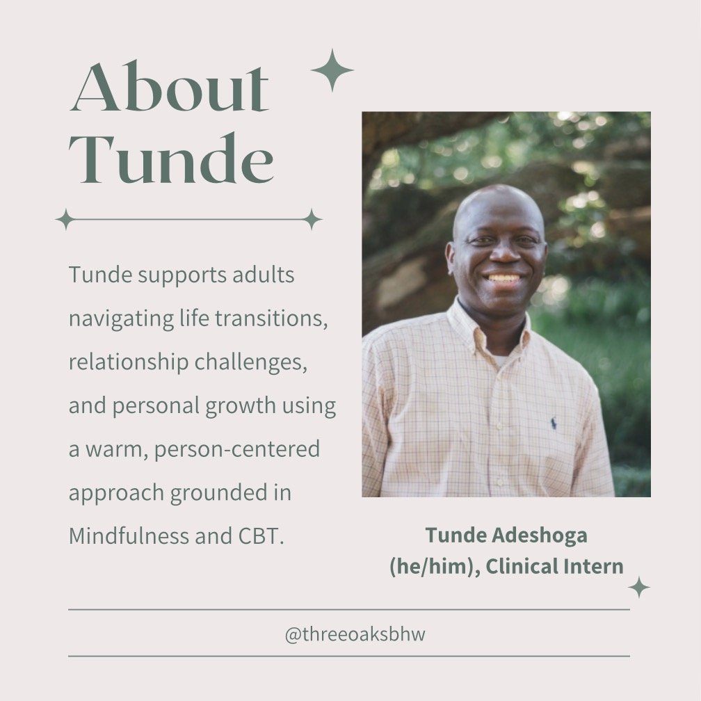 Tunde Adeshoga (he/him) is a compassionate clinical intern in our South Durham office, offering a thoughtful, person-centered approach to therapy for adults ages 18&ndash;65. He is passionate about supporting individuals through life transitions, rel
