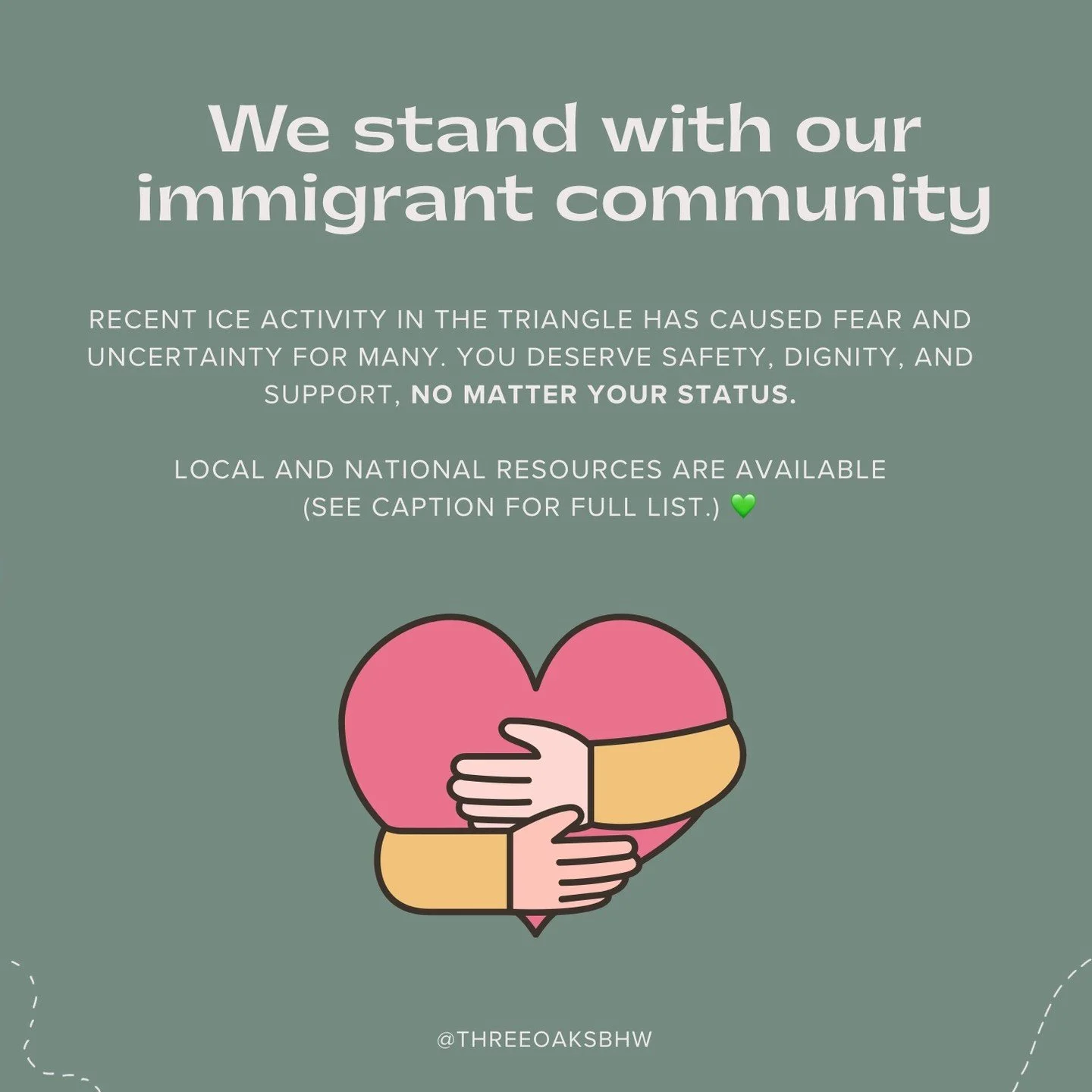 We see you. We stand with you.

With recent ICE activity reported in the Triangle, we know many in our community may be feeling fear, uncertainty, and stress. Everyone deserves safety, dignity, and support &mdash; no matter their immigration status.
