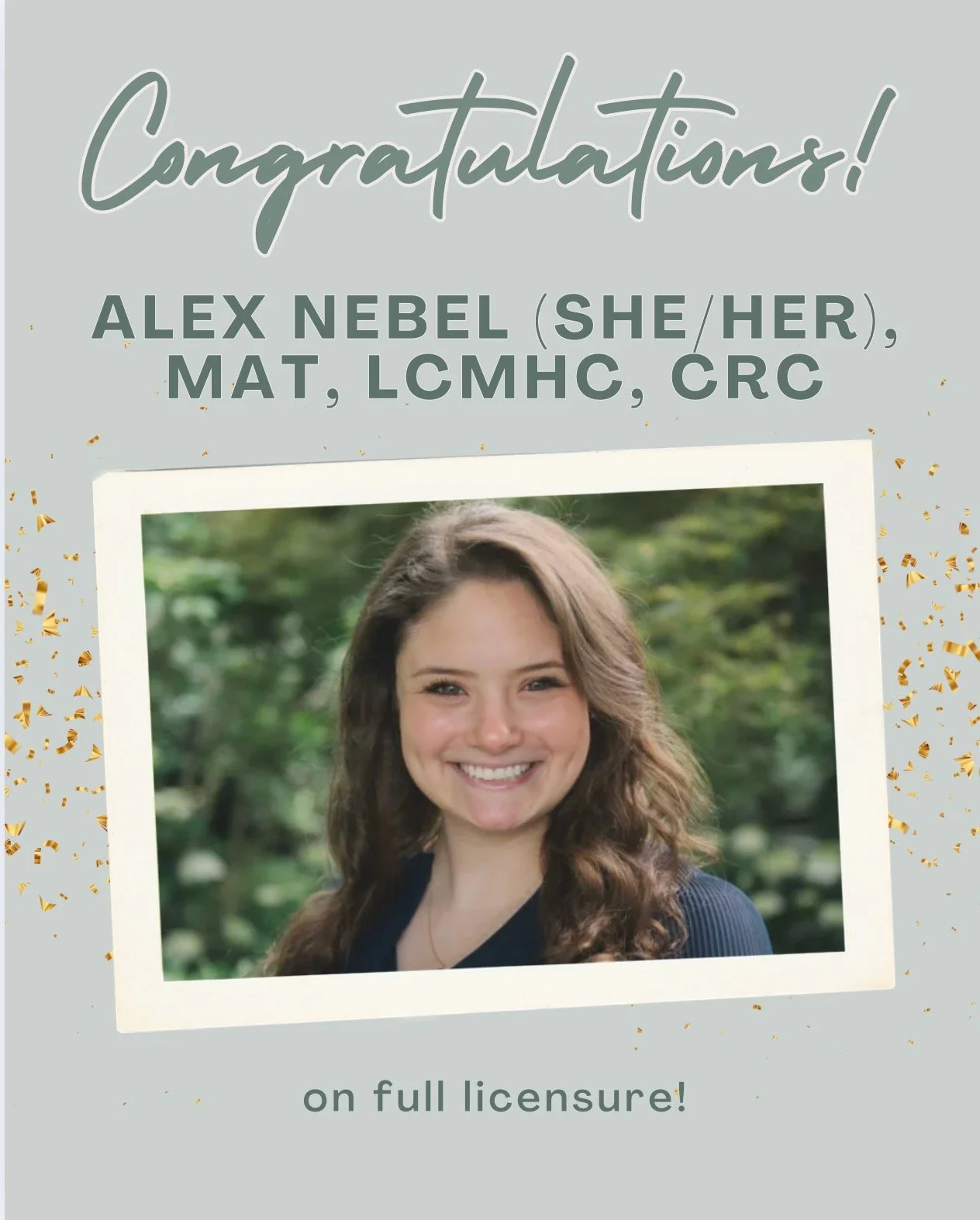 🎉 Congratulations, Alex! 🎉

We&rsquo;re so excited to celebrate Alex Nebel (she/her), MAT, LCMHC, CRC, on reaching full licensure! 🌿

Alex is an outpatient psychotherapist in our North Raleigh office, providing both in-person and telehealth suppor