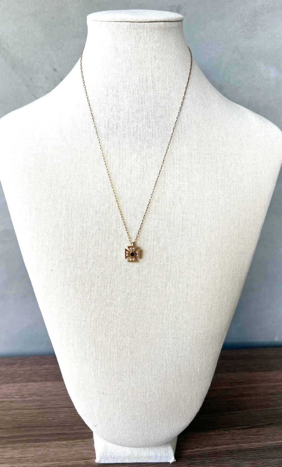 maltese ruby + pearl + gold cross necklace