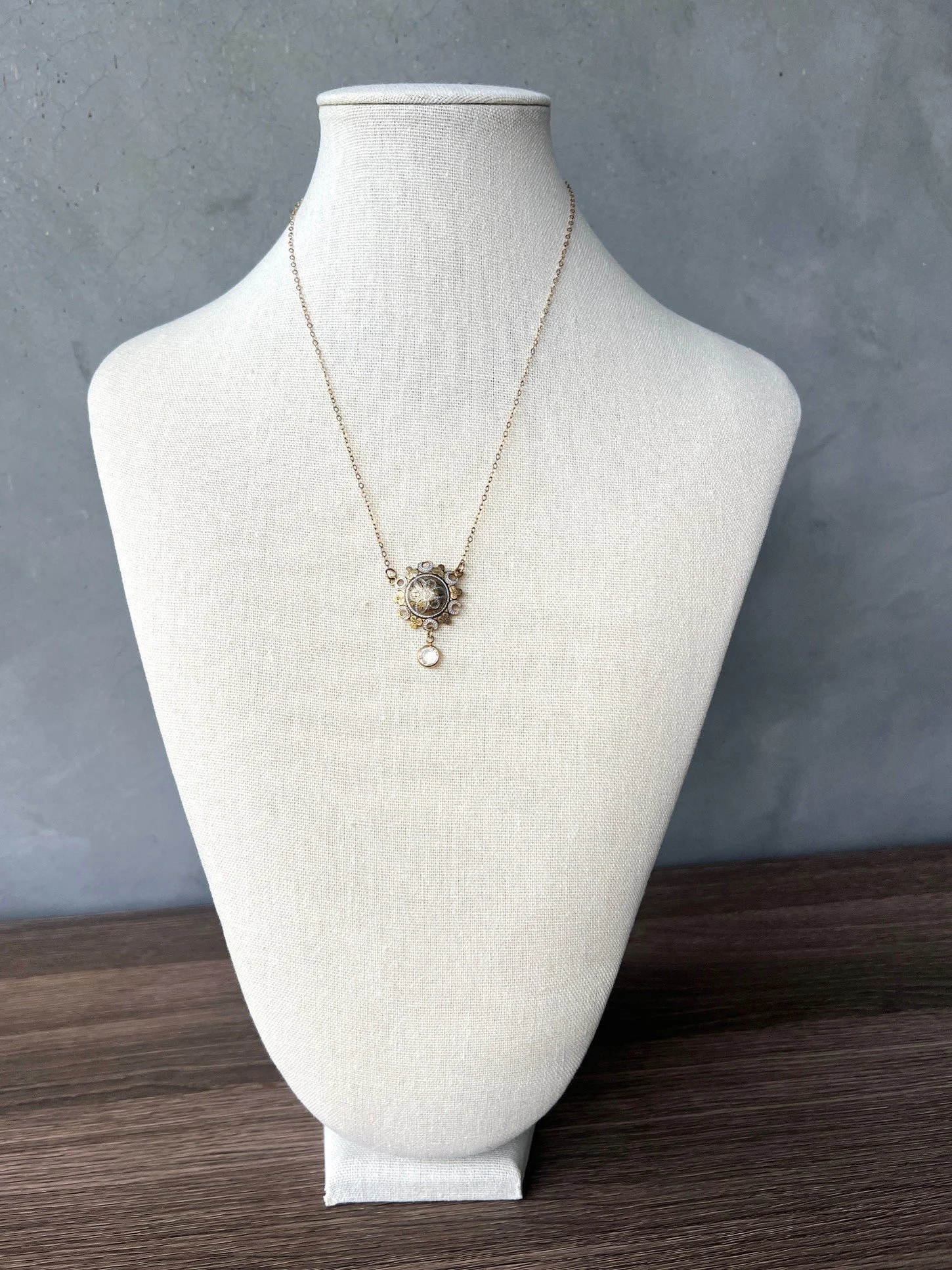 damascene necklace with vintage rhinestone