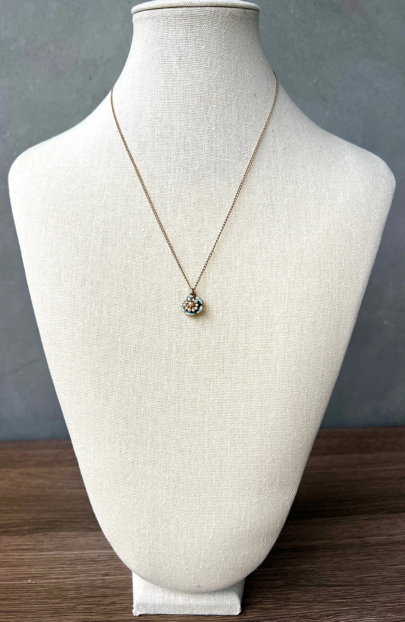 tiny sparkly blue flower necklace