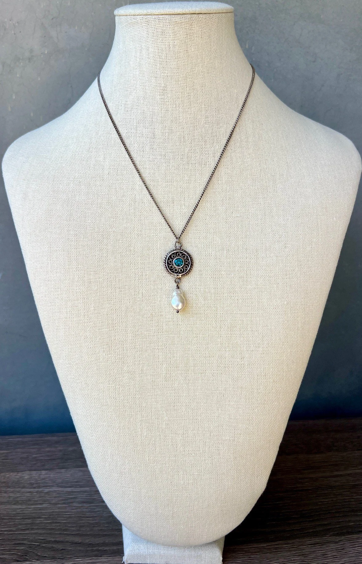 turquoise + pearl + silver drip necklace