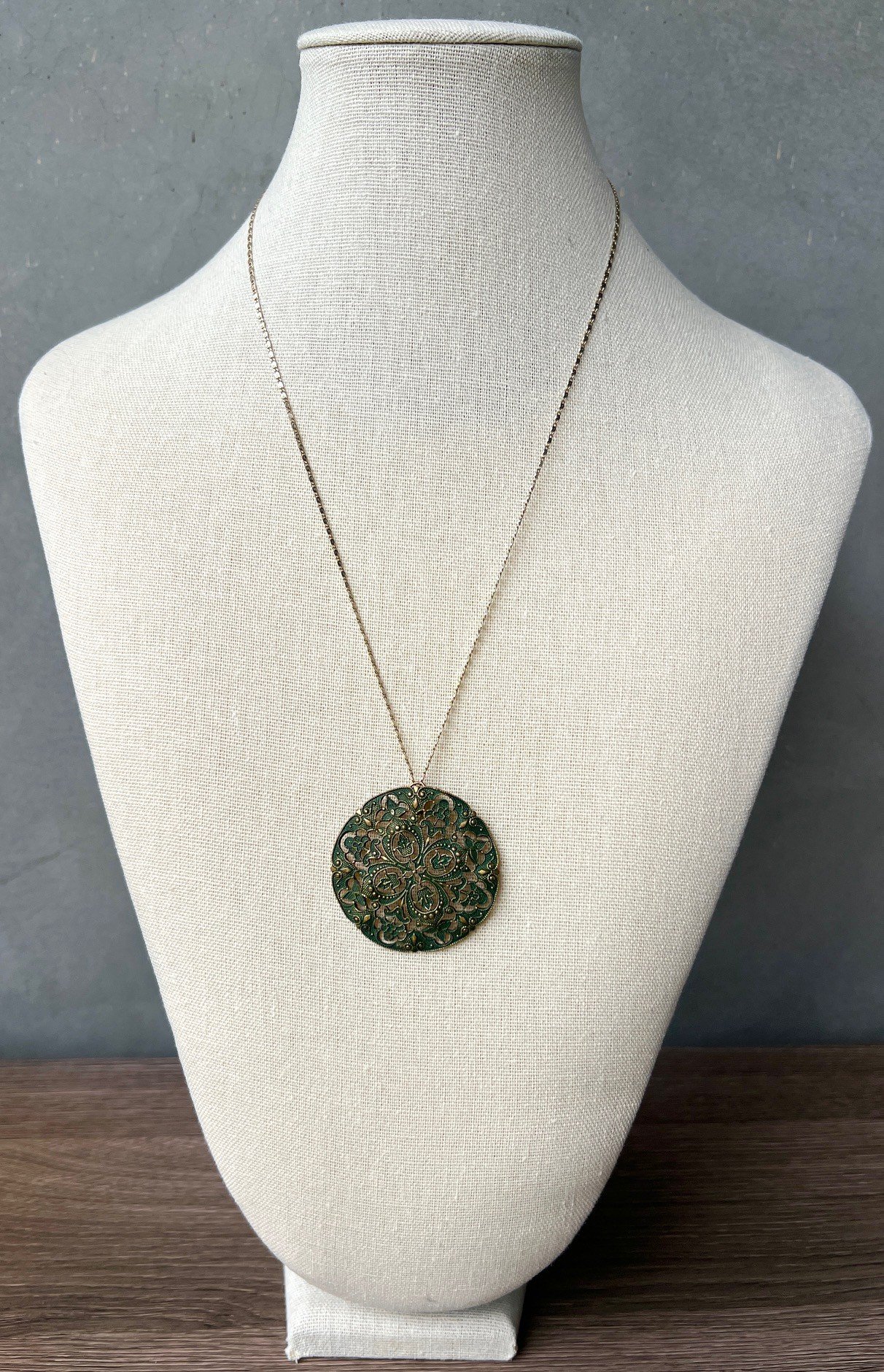 gold + green filigree pin necklace