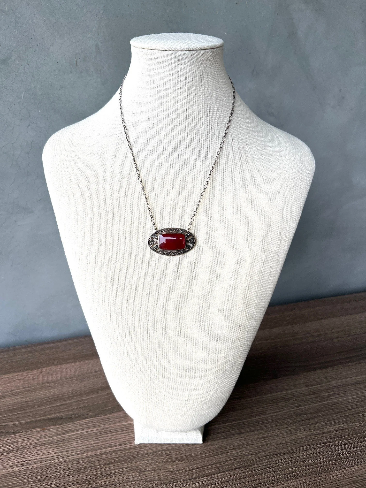 carnelian marcasite pin necklace
