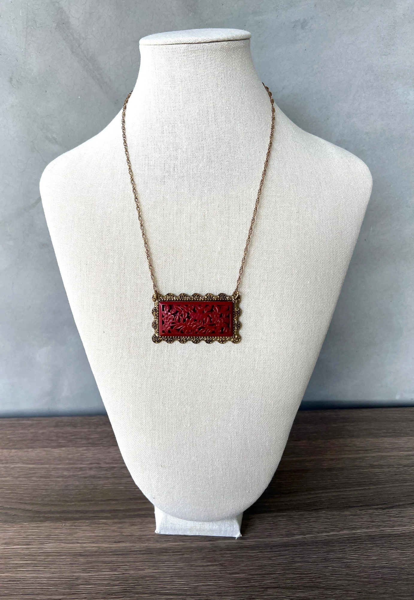 antique carved cinnabar pin necklace