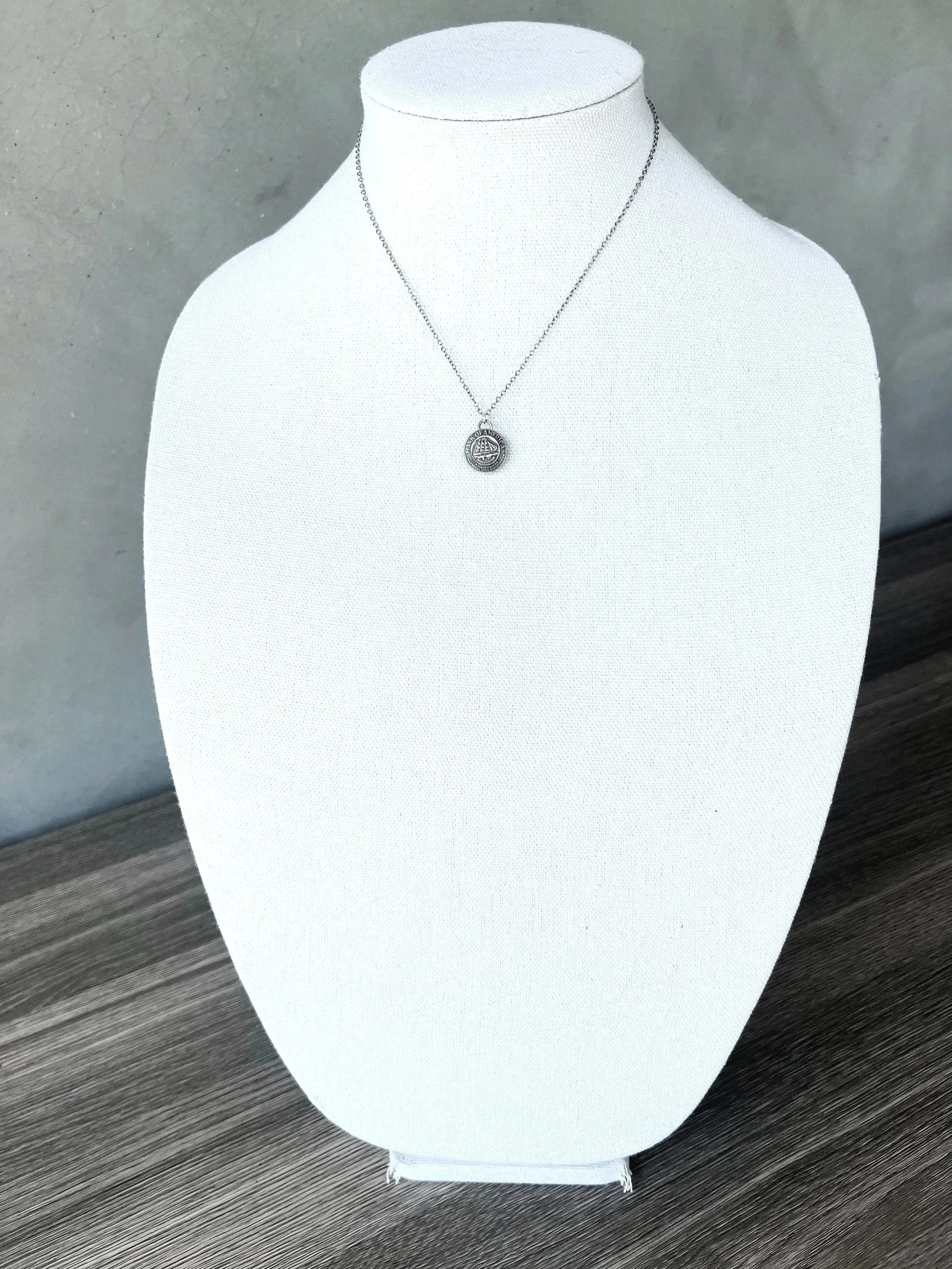 vintage bank of america pin necklace