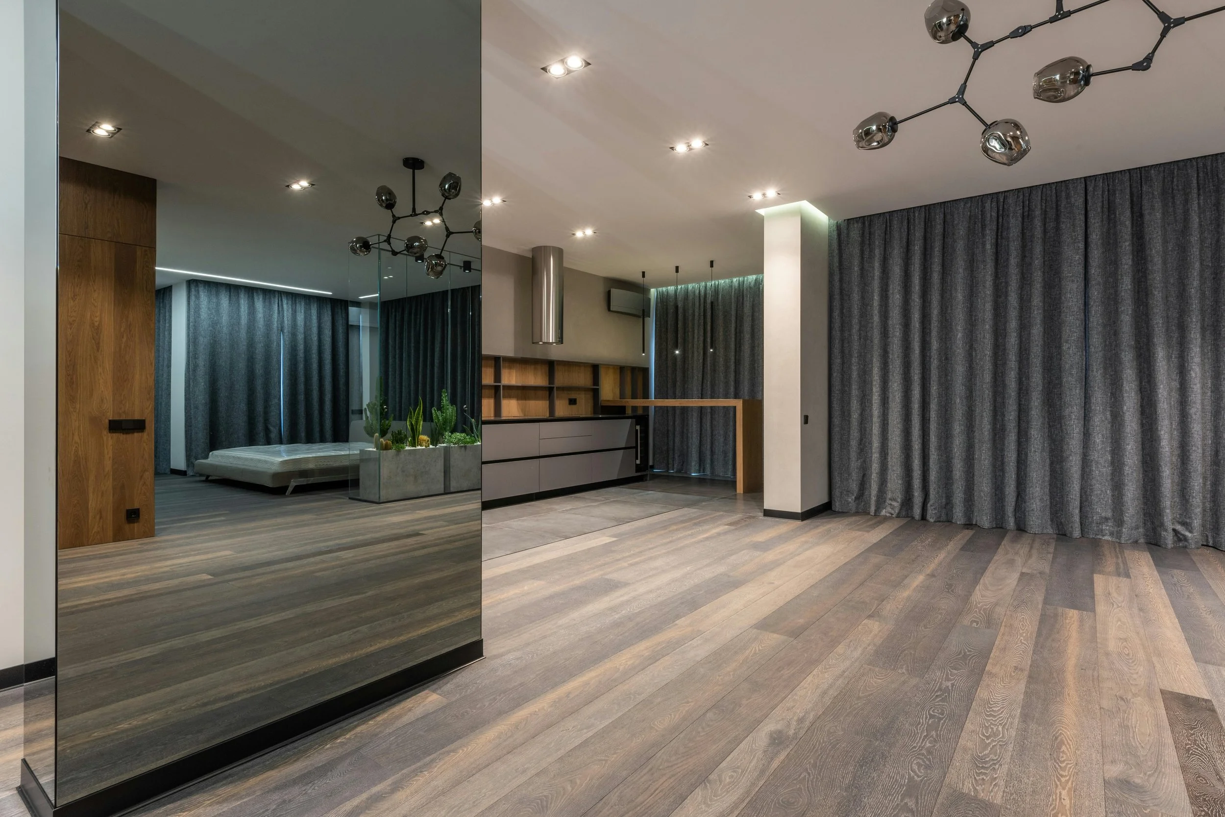 Modern interior living space with wooden flooring, dark curtains, a star-shaped ceiling light fixture, and a glass wall reflecting part of the room. The room features a built-in shelving unit, a gray cabinet, and some green plants.