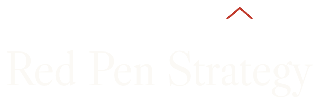 Text reading 'Red Pen Strategy' with a red upward arrow above the word 'Pen'.