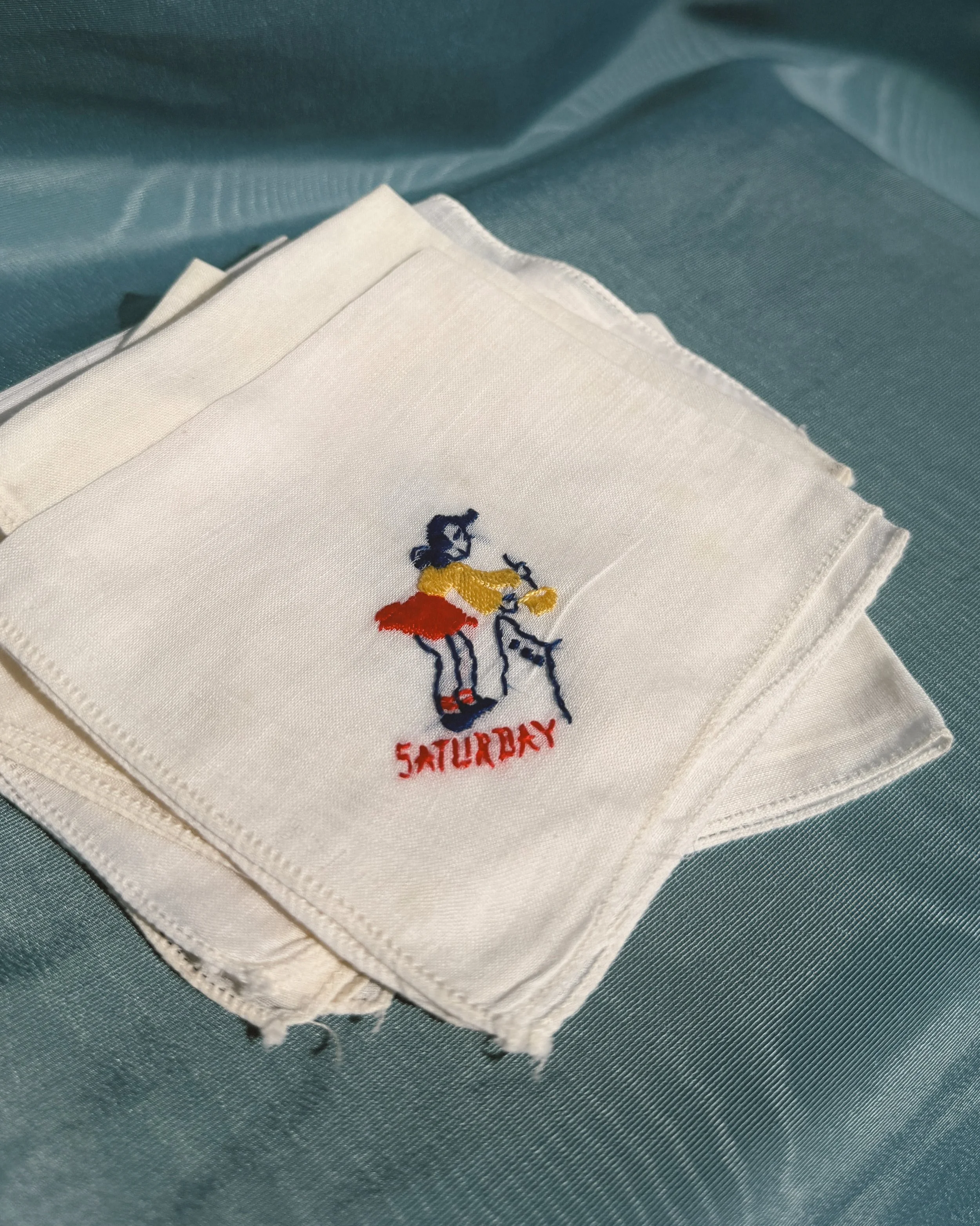 Hand Embroidered Days of the Week Hankerchiefs