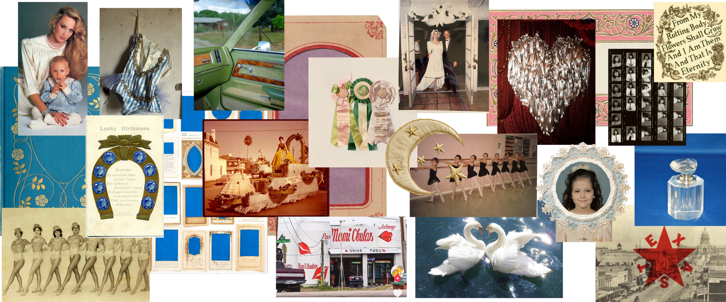 A collage of vintage and nostalgic images, including a woman and child in old-fashioned clothing, retro cars, ribbons, a parade float, ballet dancers, swans on water, and various decorative items and signs.