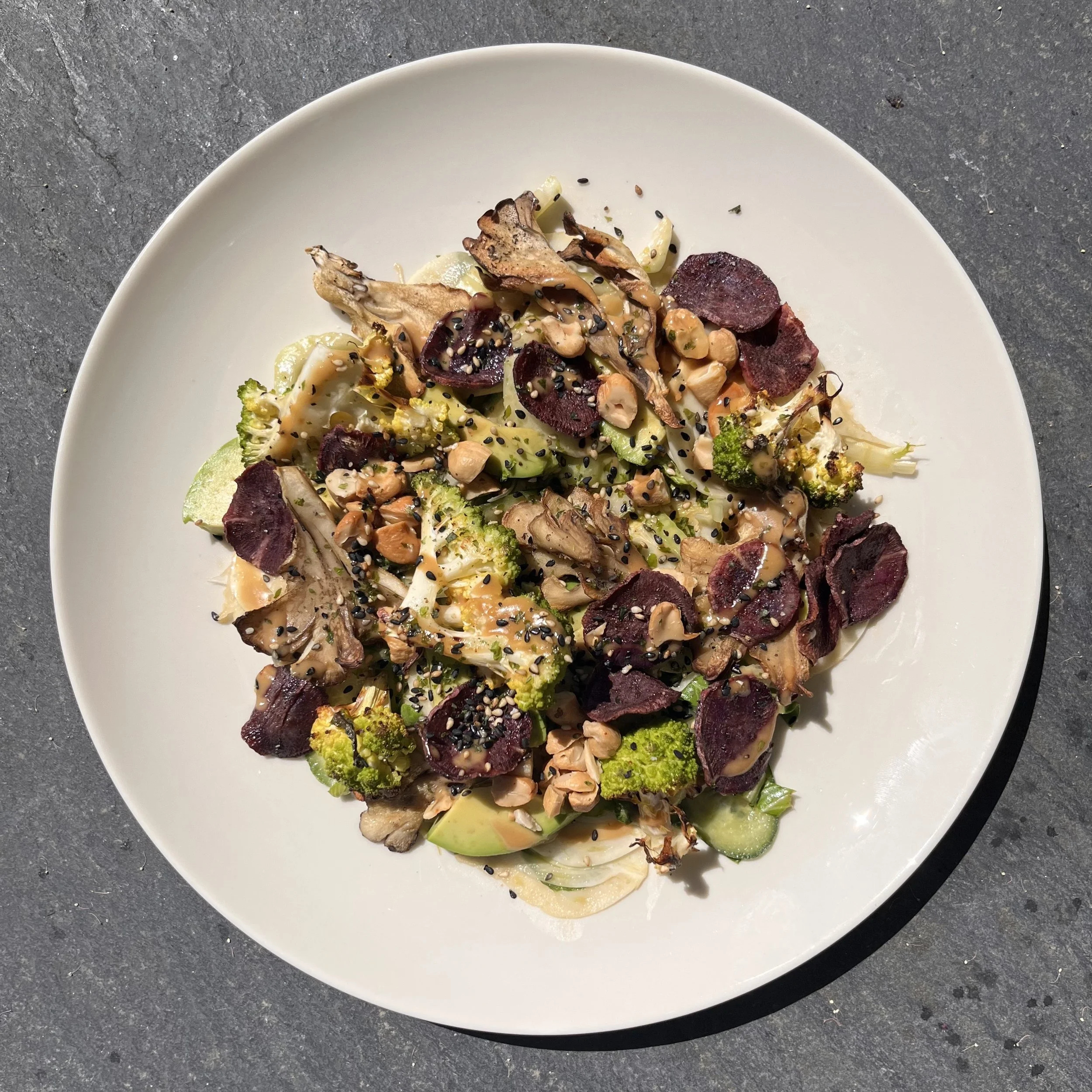 Roasted Romanesco, Maitake, Sweet Potato &amp; Bok Choy Salad