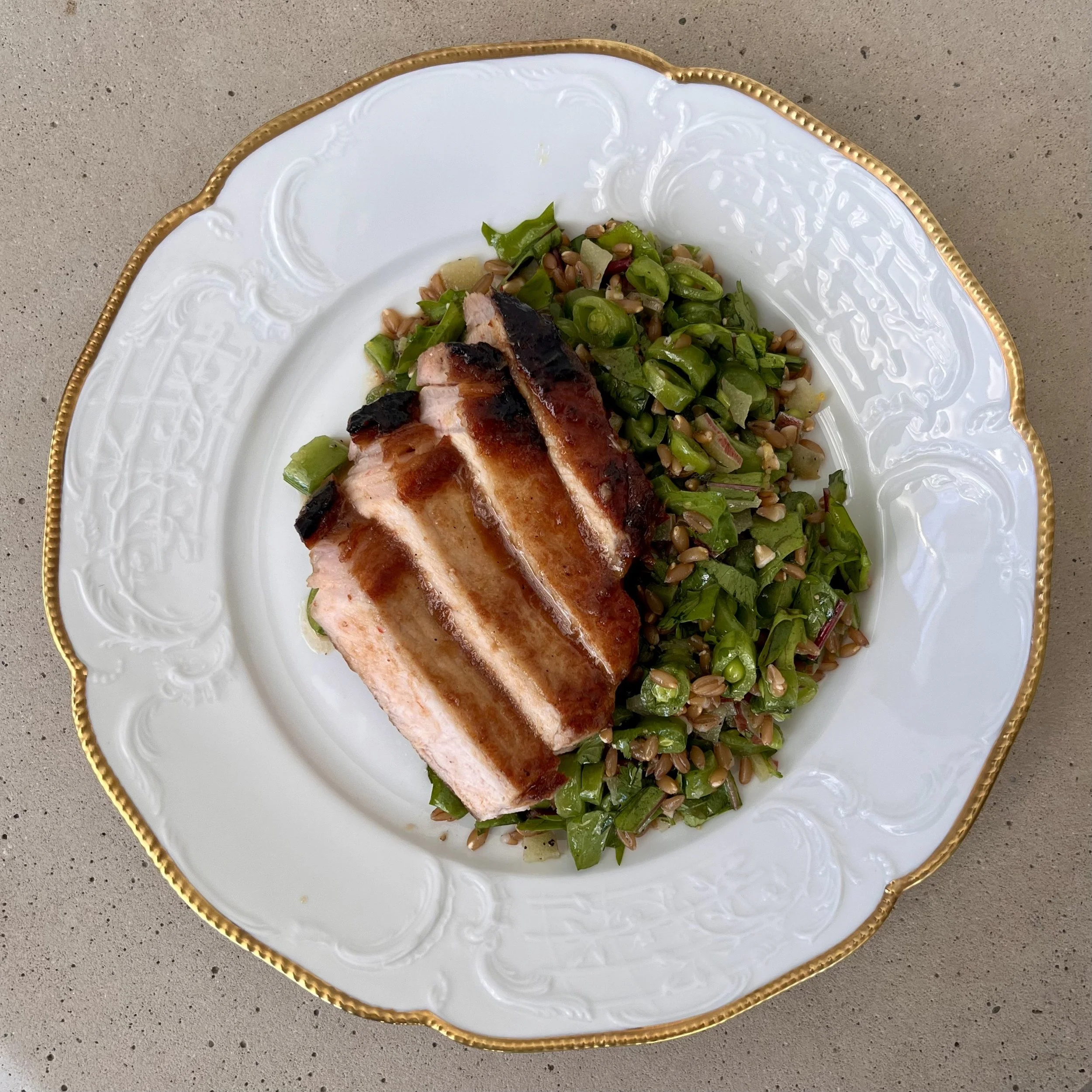 Rhubarb-Glazed Pork Chops &amp; Farro Salad