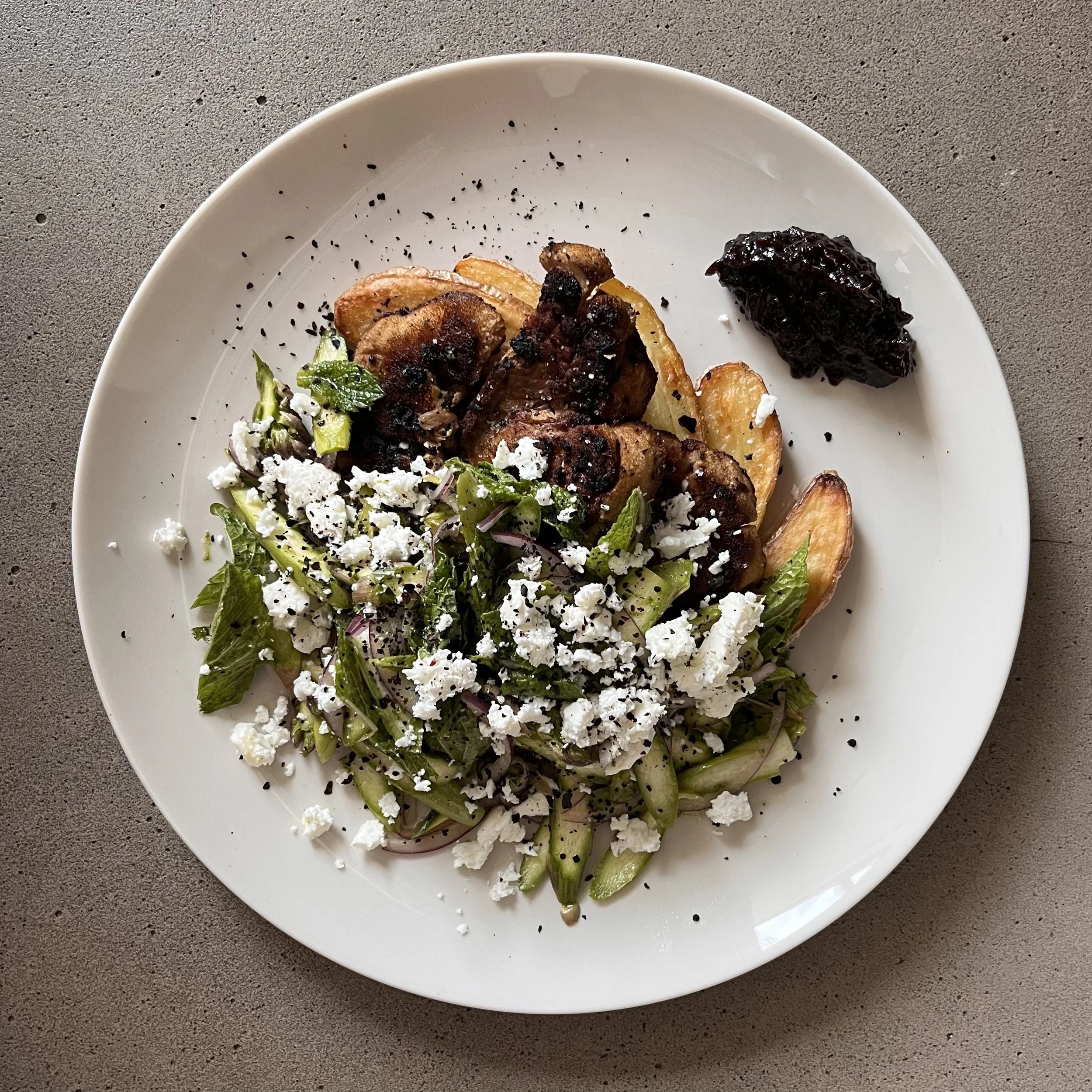 Vadouvan Lion’s Mane Mushrooms with Fingerling Potatoes, Asparagus &amp; Tamarind