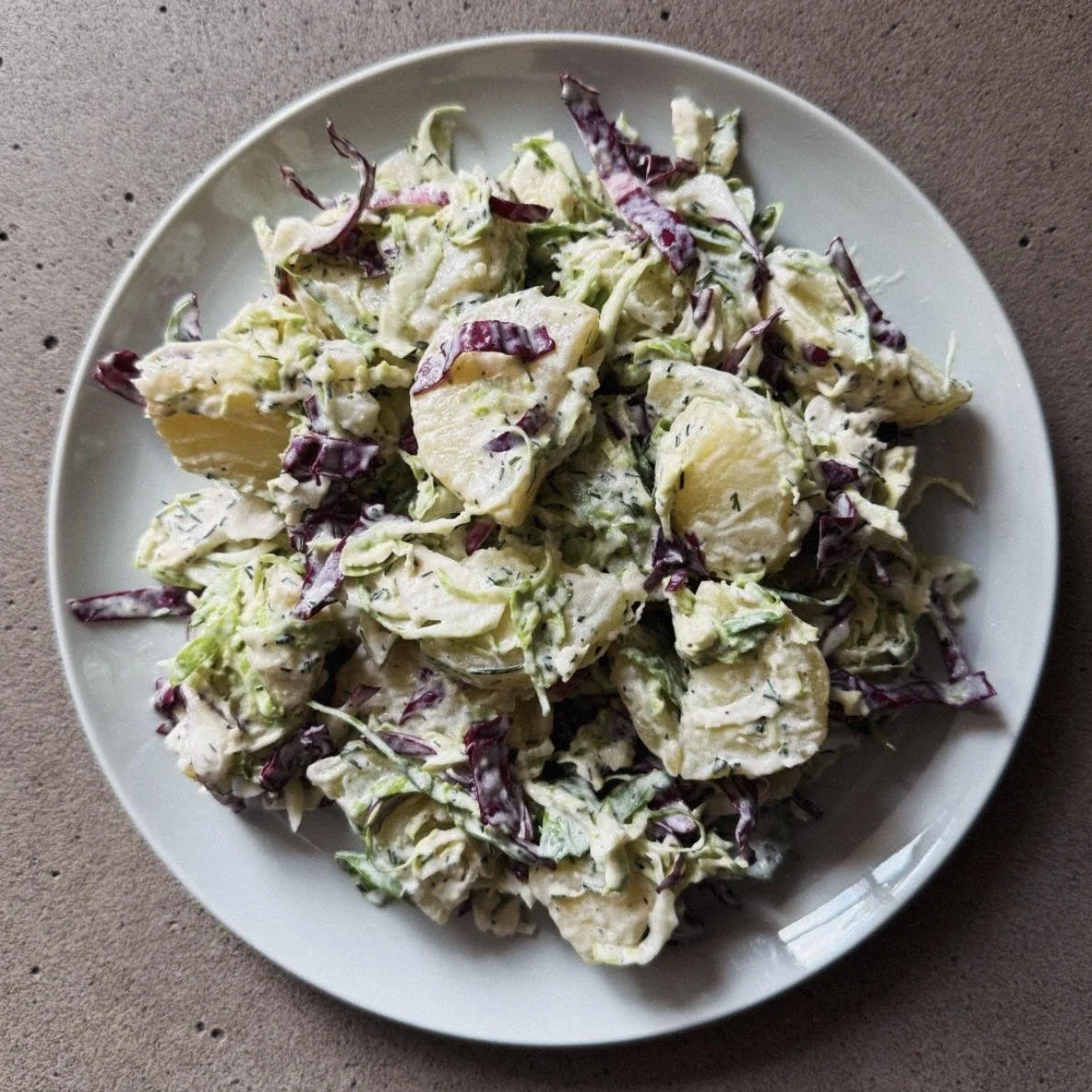 Miso Ranch Potato Salad with Brussels Sprouts and Radicchio