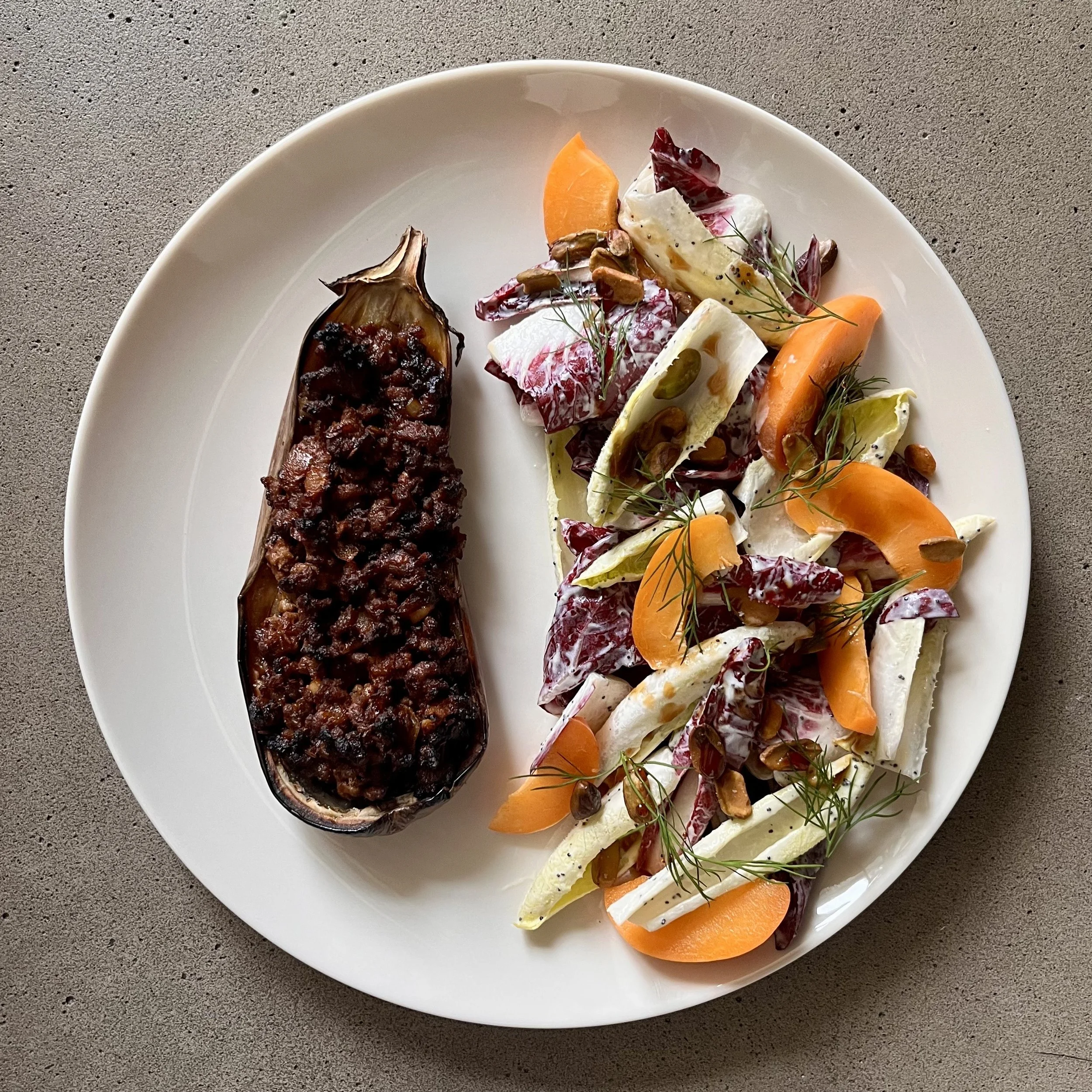 Lamb-Stuffed Eggplant with Apricot, Chicories &amp; Pistachio