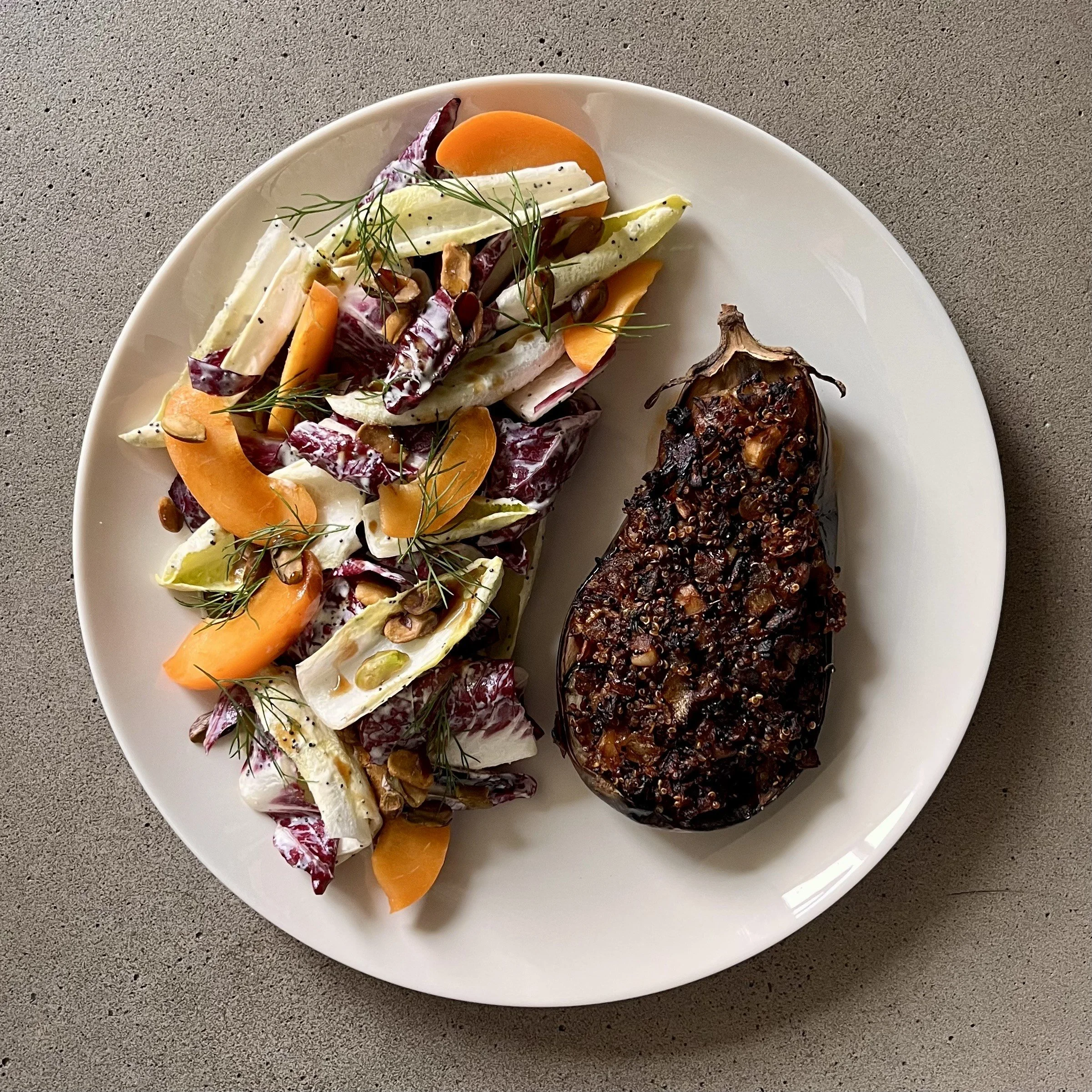Quinoa Mushroom-Stuffed Eggplant with Apricot, Chicories &amp; Pistachio