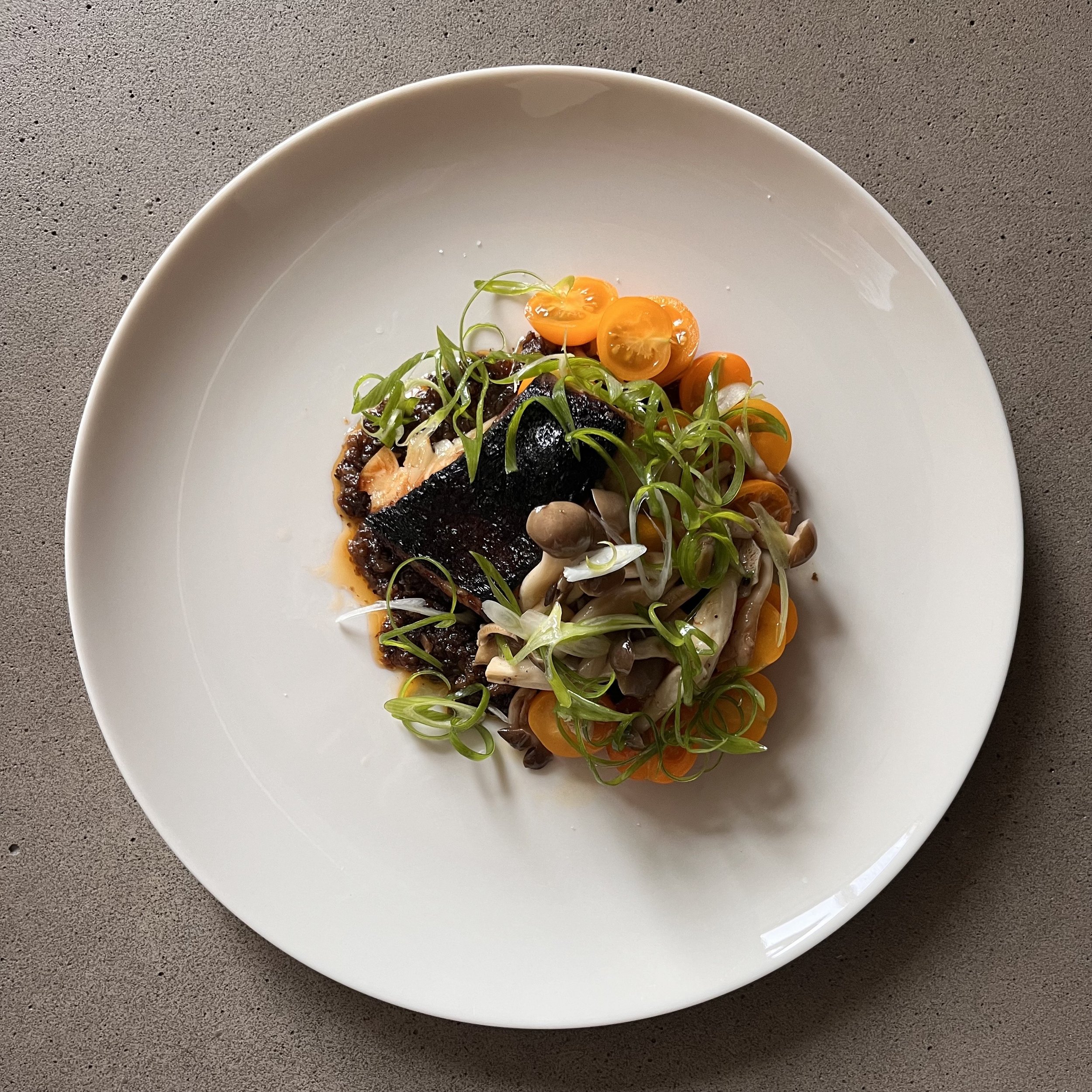 Black Cod with Pickled Mushrooms, Cherry Tomatoes &amp; XO Sauce