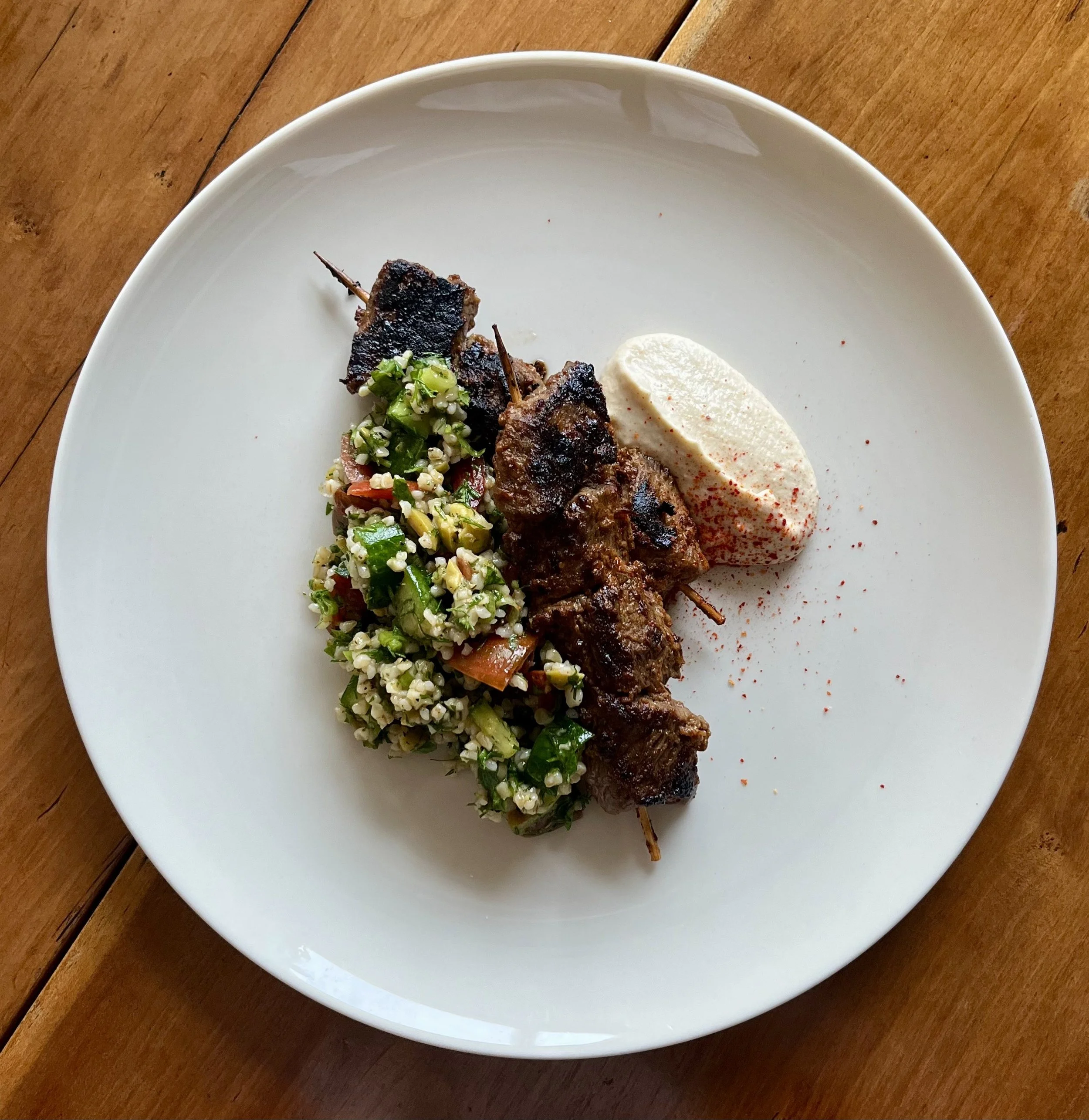 Steak Skewers with Baba Ganouj &amp; Summer Vegetable Tabbouleh