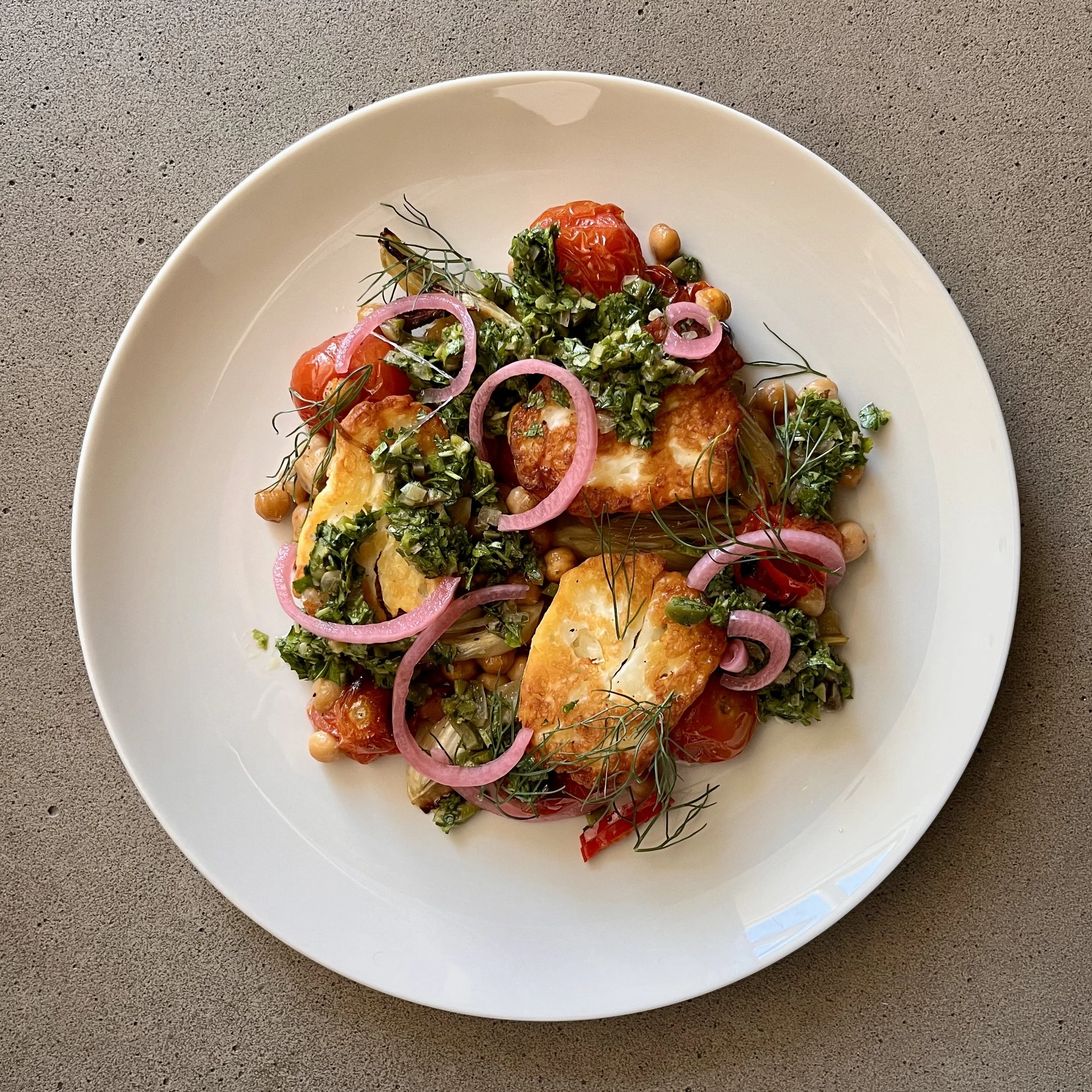Baked Halloumi with Chickpeas &amp; Cherry Tomatoes