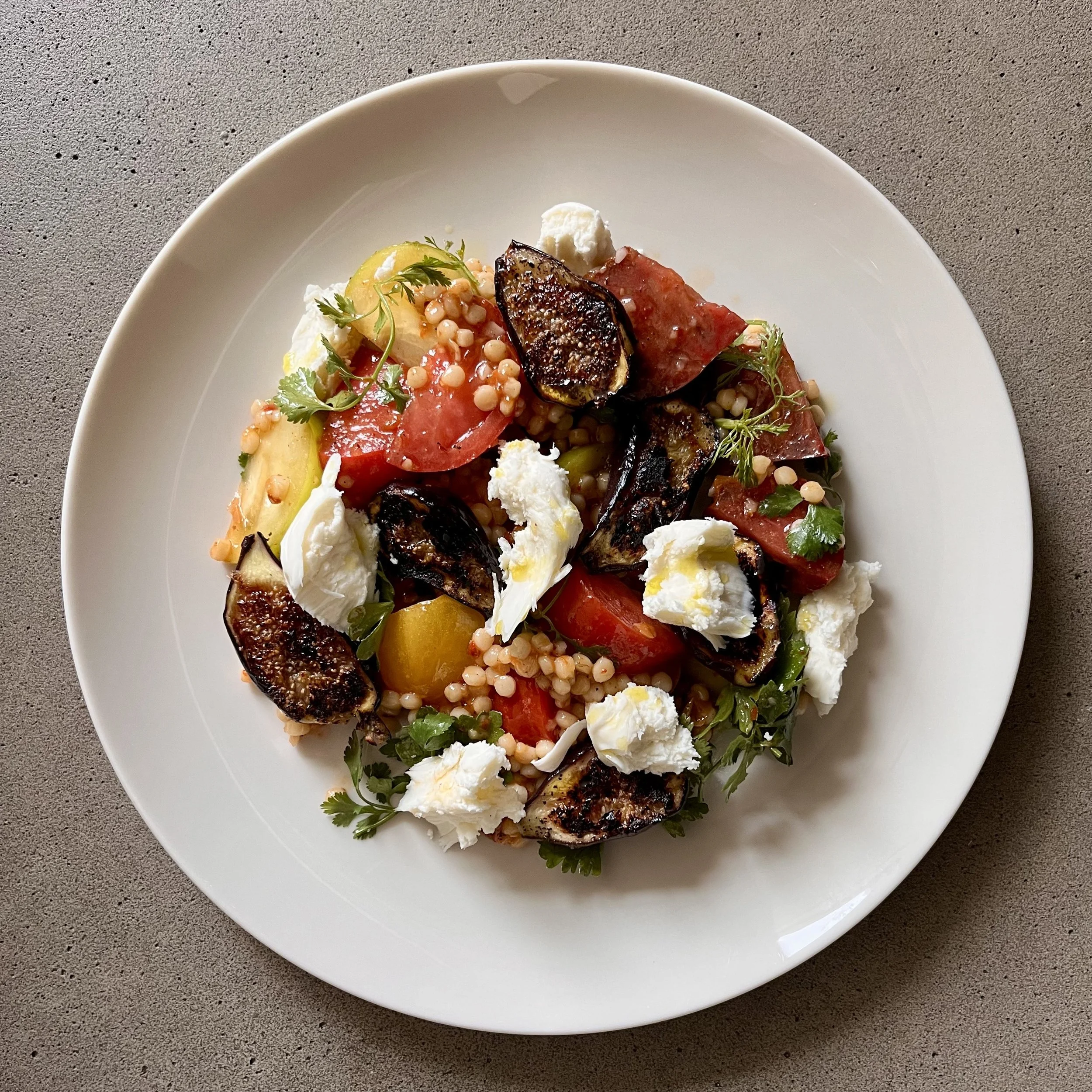 Seared Figs with Fresh Mozzarella, Pearl Couscous &amp; Harissa Vinaigrette