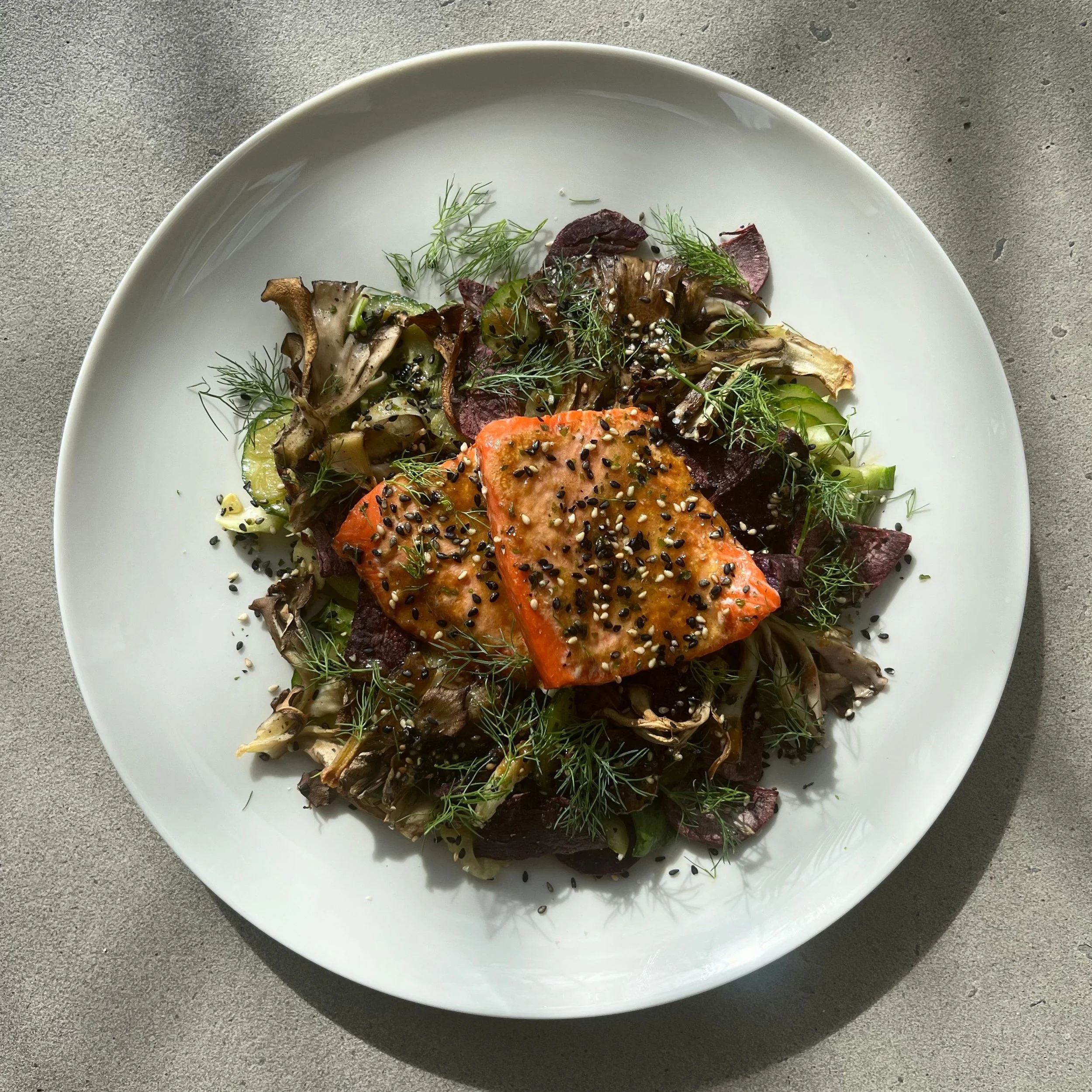 Roasted Salmon, Maitake, Sweet Potato &amp; Bok Choy Salad