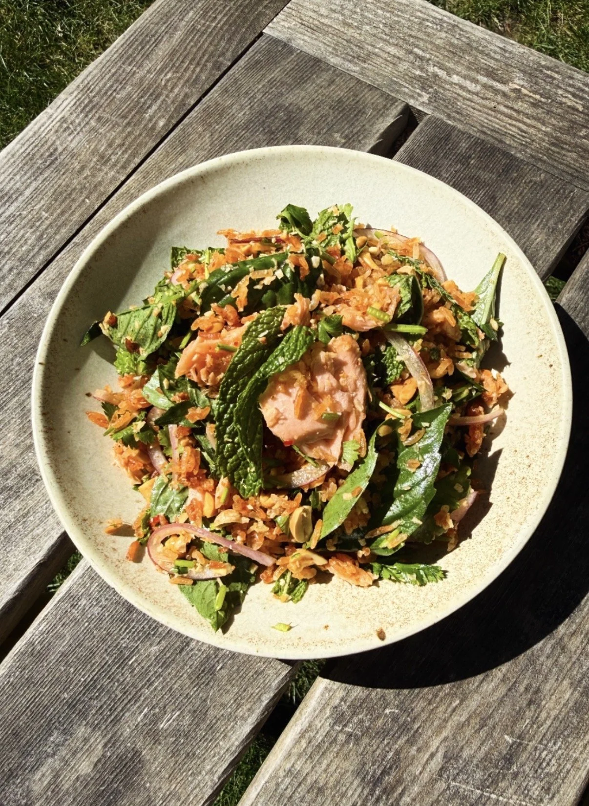 (Nam Khao) Lao Crispy Rice Salad with Coho Salmon