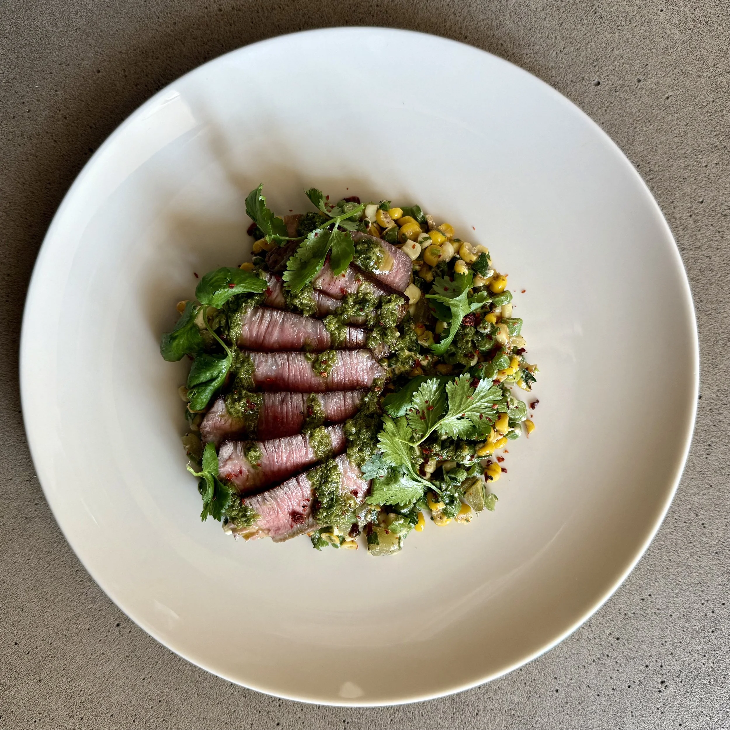 Tri-Tip Steak with Charred Corn &amp; Salmoriglio
