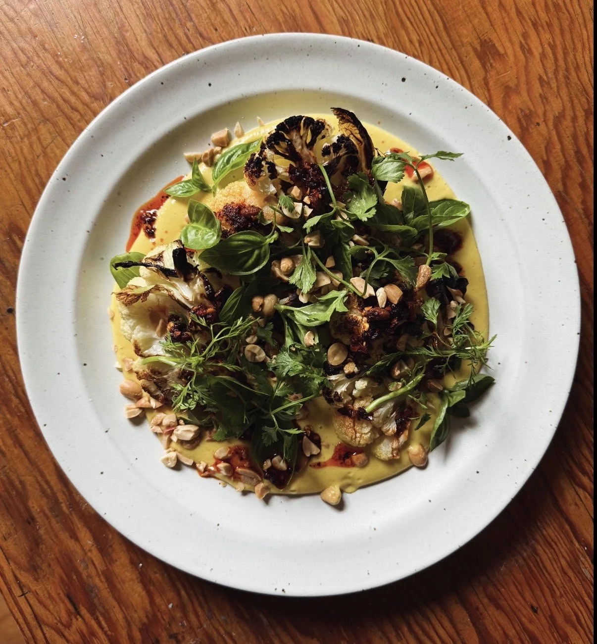 Charred Cauliflower with Corn-Miso Puree &amp; Salsa Macha