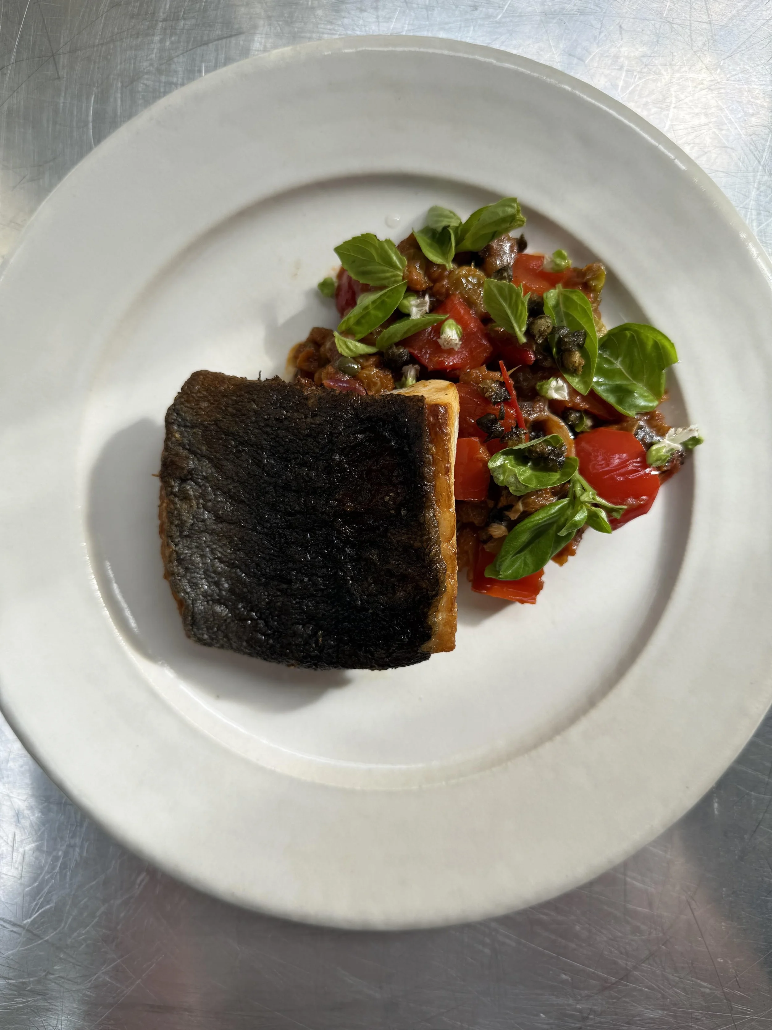 Pan-Roasted Black Cod with Caponata and Crispy Capers