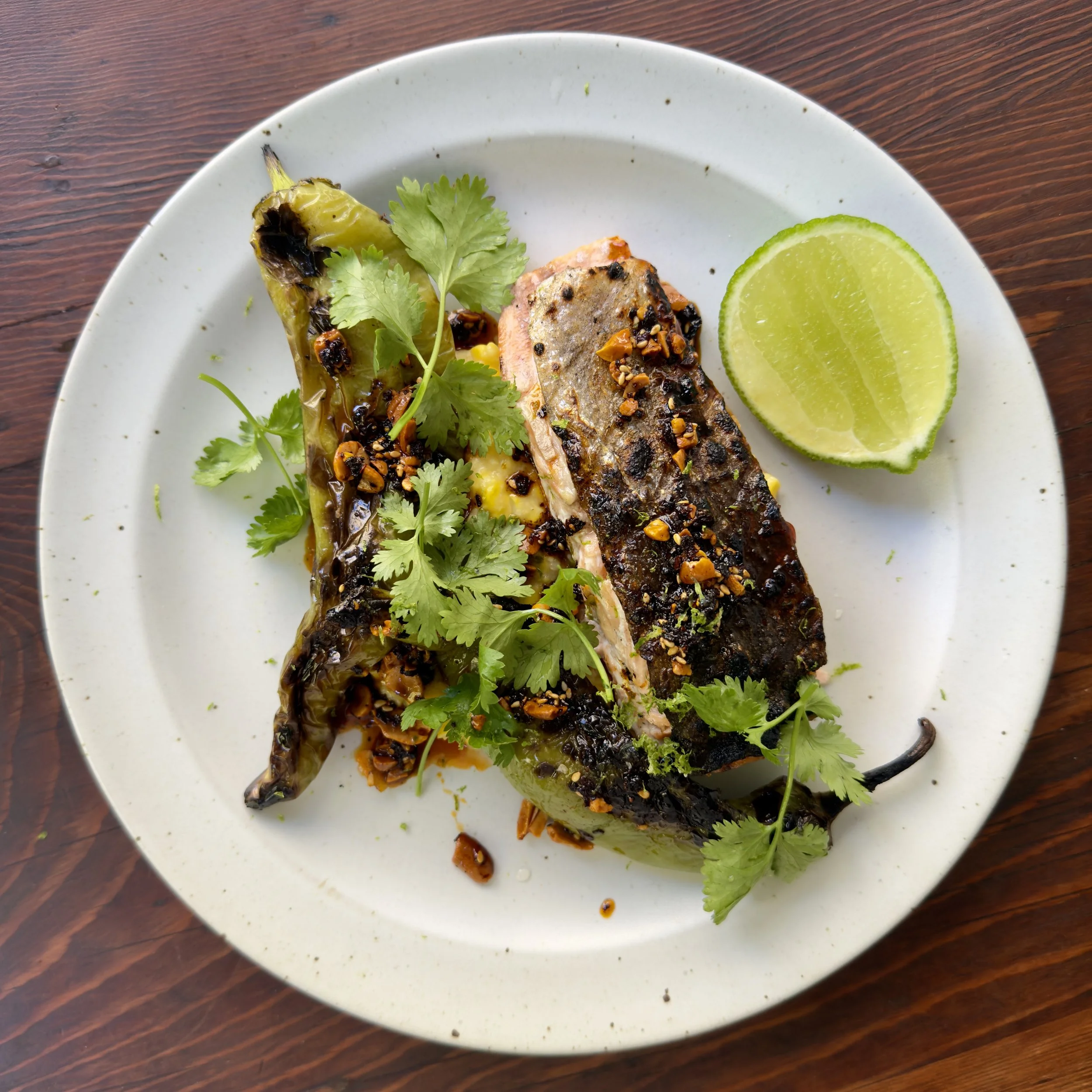 Grilled Salmon with Hatch Chilis &amp; Salsa Macha