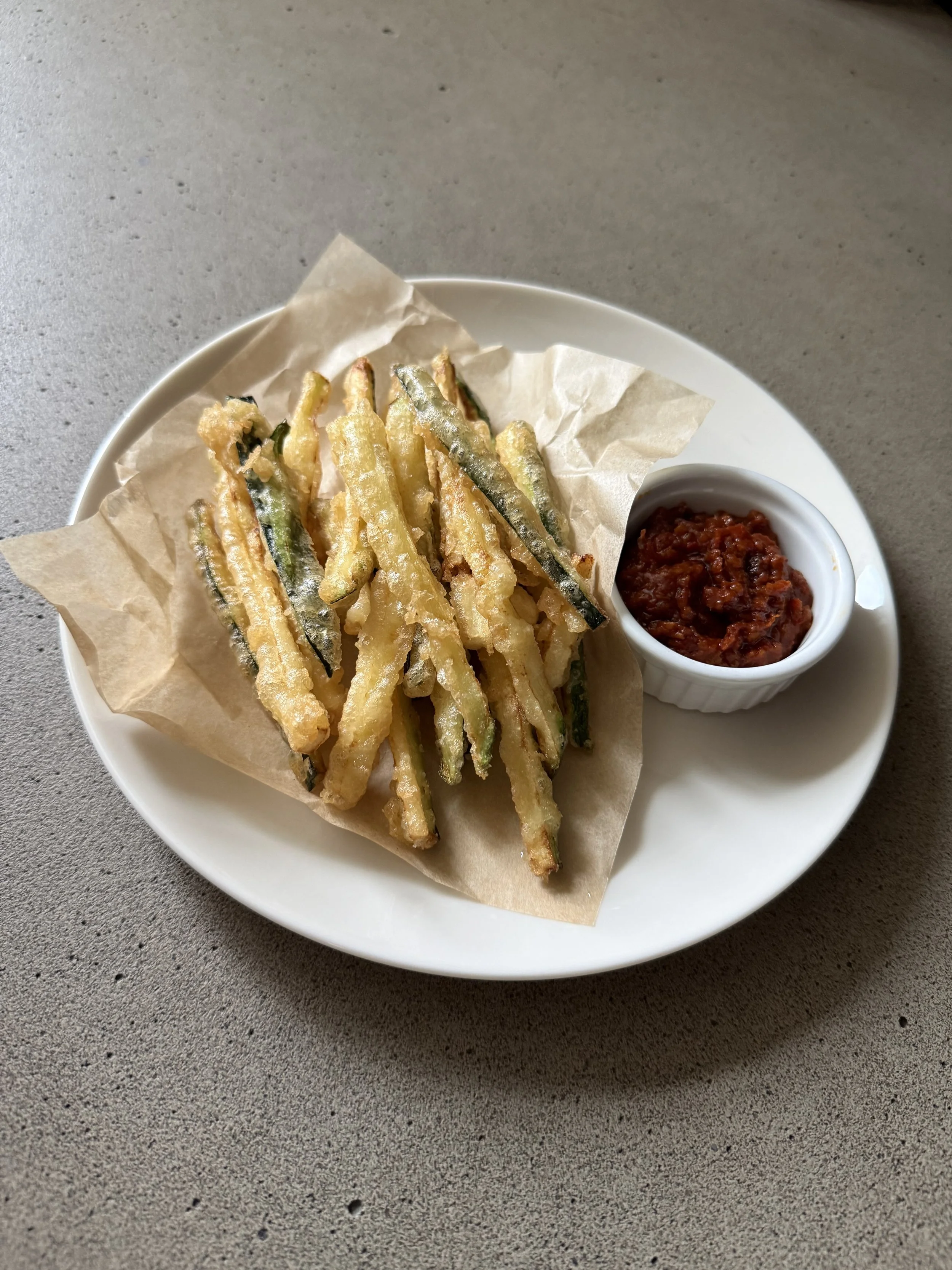 Tempura Zucchini with Spicy Tomato Chutney
