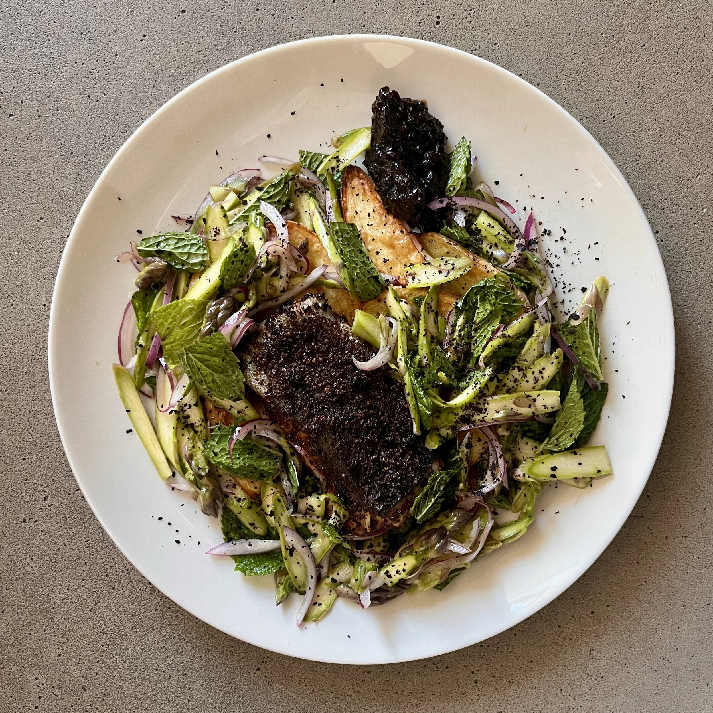 Vadouvan Black Cod with Fingerling Potatoes, Asparagus &amp; Tamarind