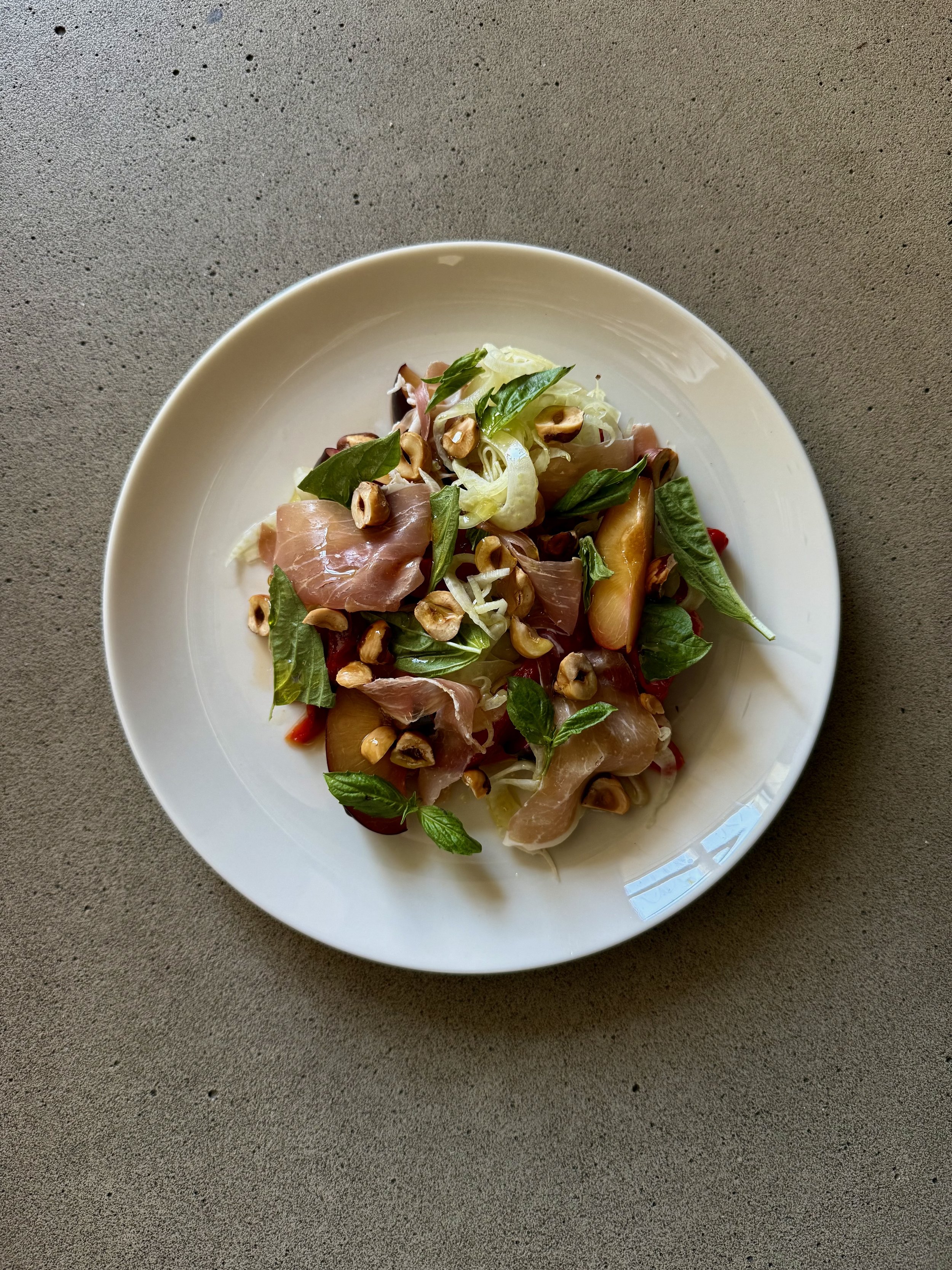Charred Pepper, Peach, and Prosciutto Salad