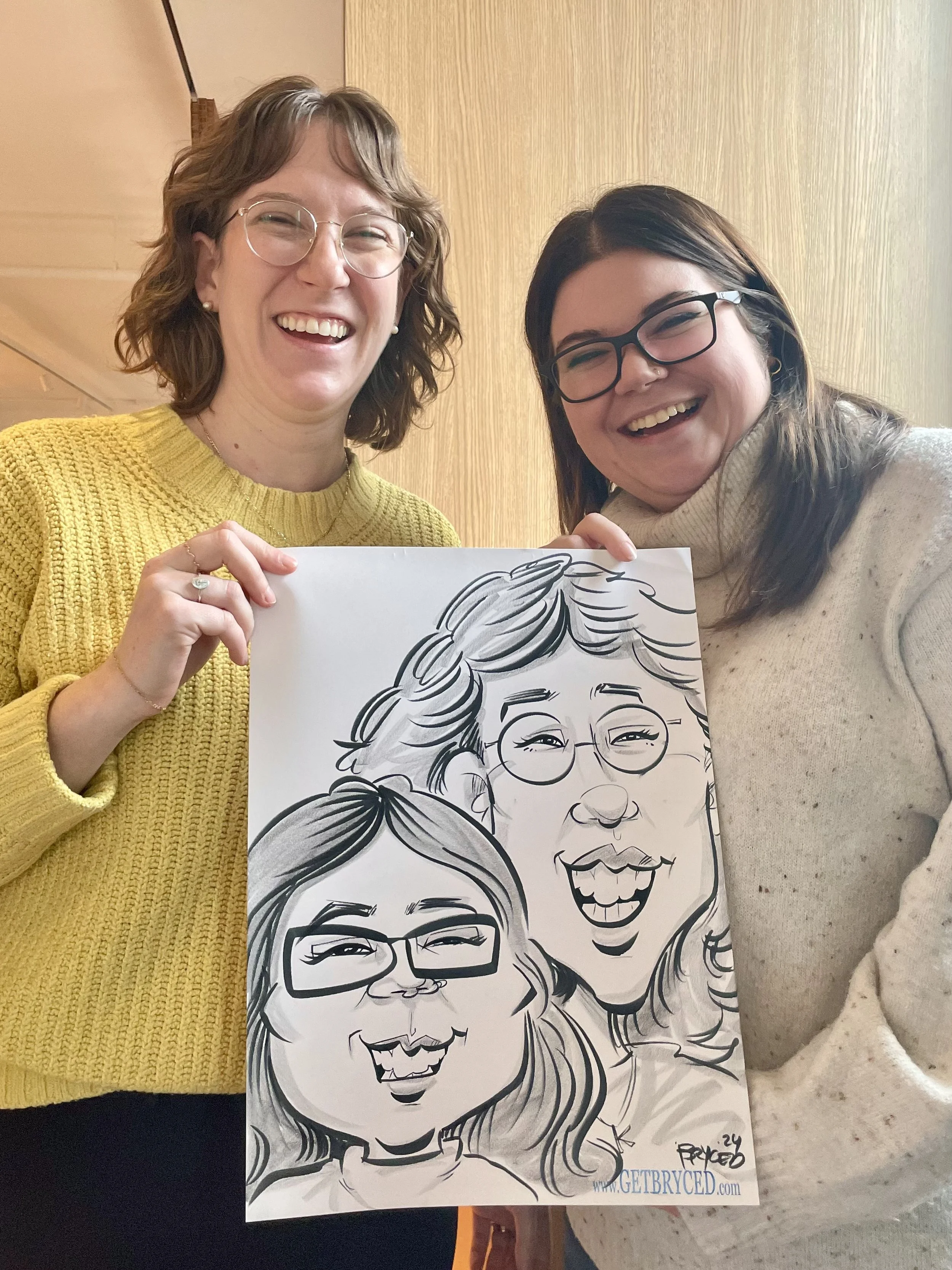 Holiday party idea caricature drawing Minneapolis funny women laughing