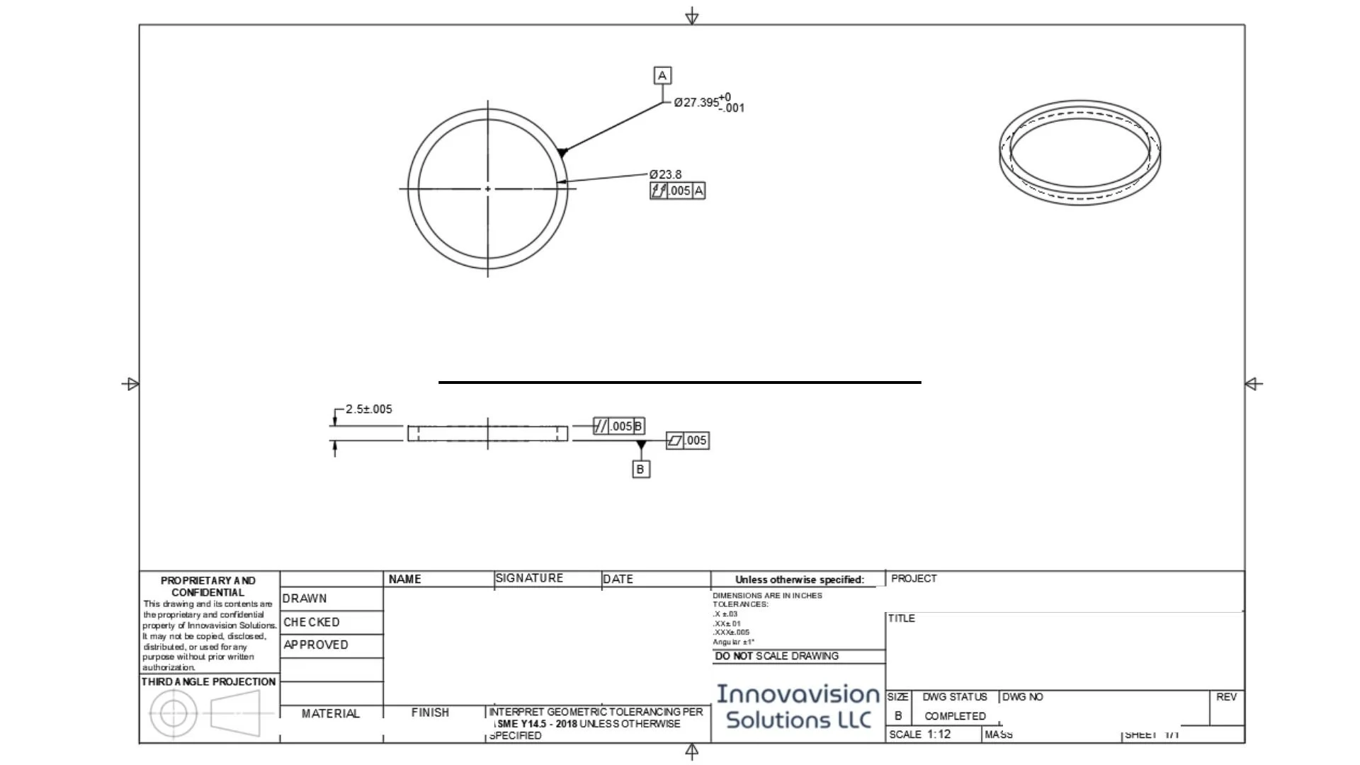 Representative production drawing showing the dimensional and GD&T documentation developed from the reverse-engineered model. Detailed drawings of additional components are intentionally withheld to protect client deliverables and proprietary geometr