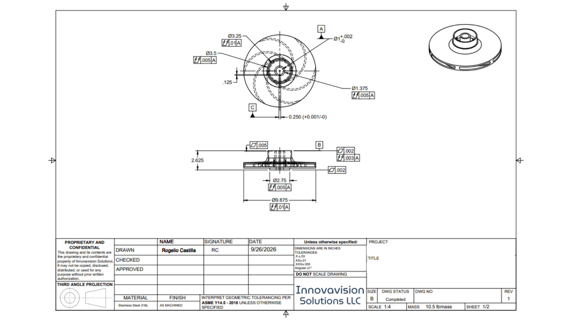 Detailed engineering drawing defining critical interfaces, datum references, dimensional tolerances, and geometric controls. Functional features were prioritized to communicate shaft alignment, mating surfaces, and rotational requirements without ove