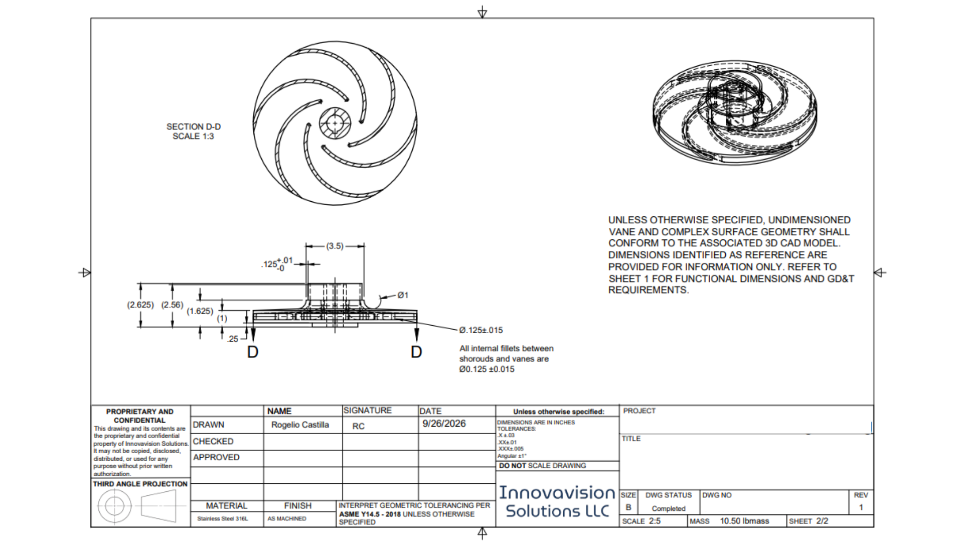 Section views and reference dimensions document the impeller’s internal vane, shroud, and fillet geometry. Complex undimensioned surfaces are controlled through the associated 3D CAD model, allowing the drawing to focus on functional and manufacturin