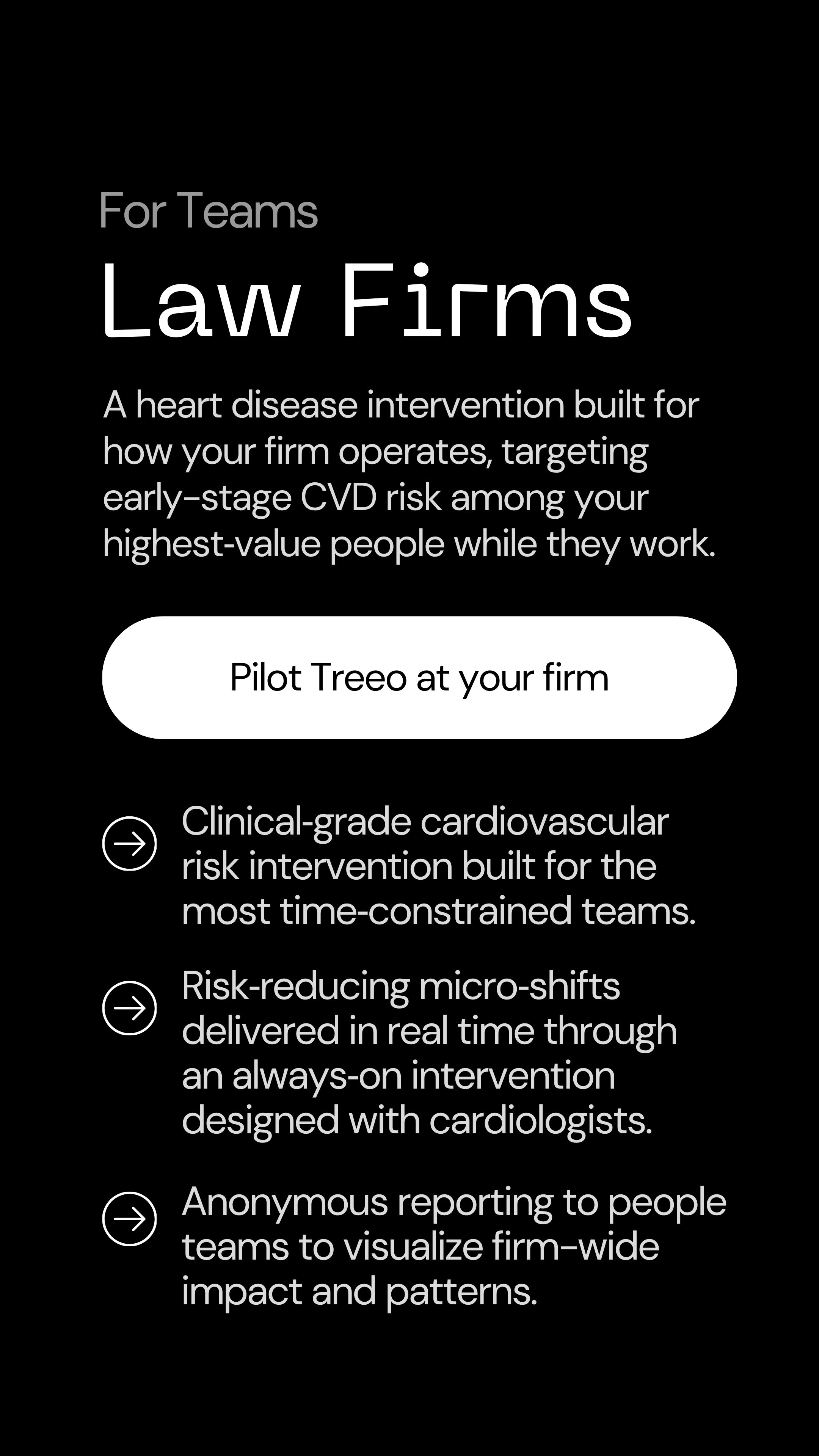 This is a continuous heart disease intervention for law firms. Firms of all sizes, including Am Law 100 + 200, can cut heart disease risk in their highest-value people while they work.