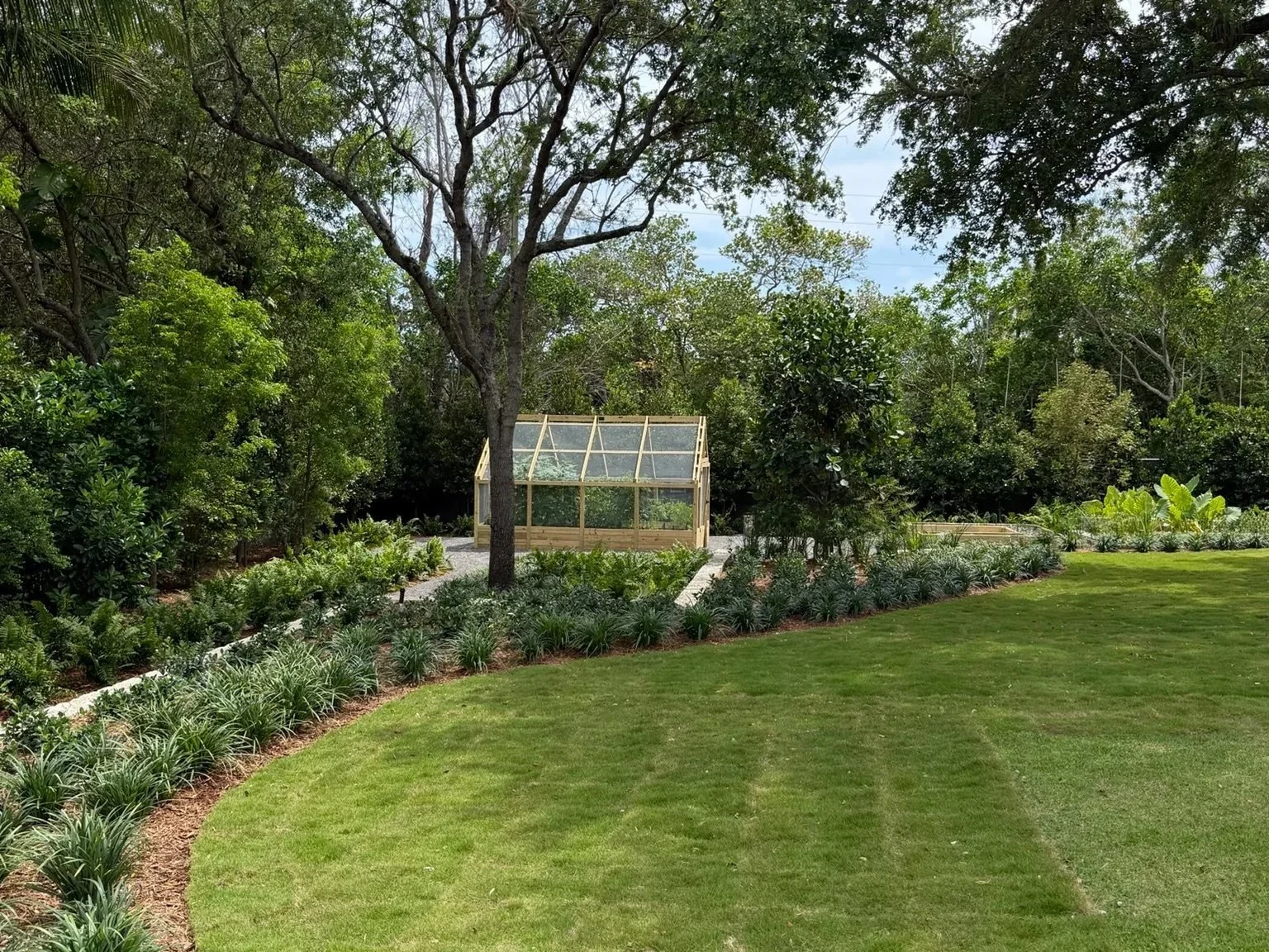 Finished Pinecrest backyard with a curving planted border, new lawn, and the enclosed kitchen garden beneath a large oak tree