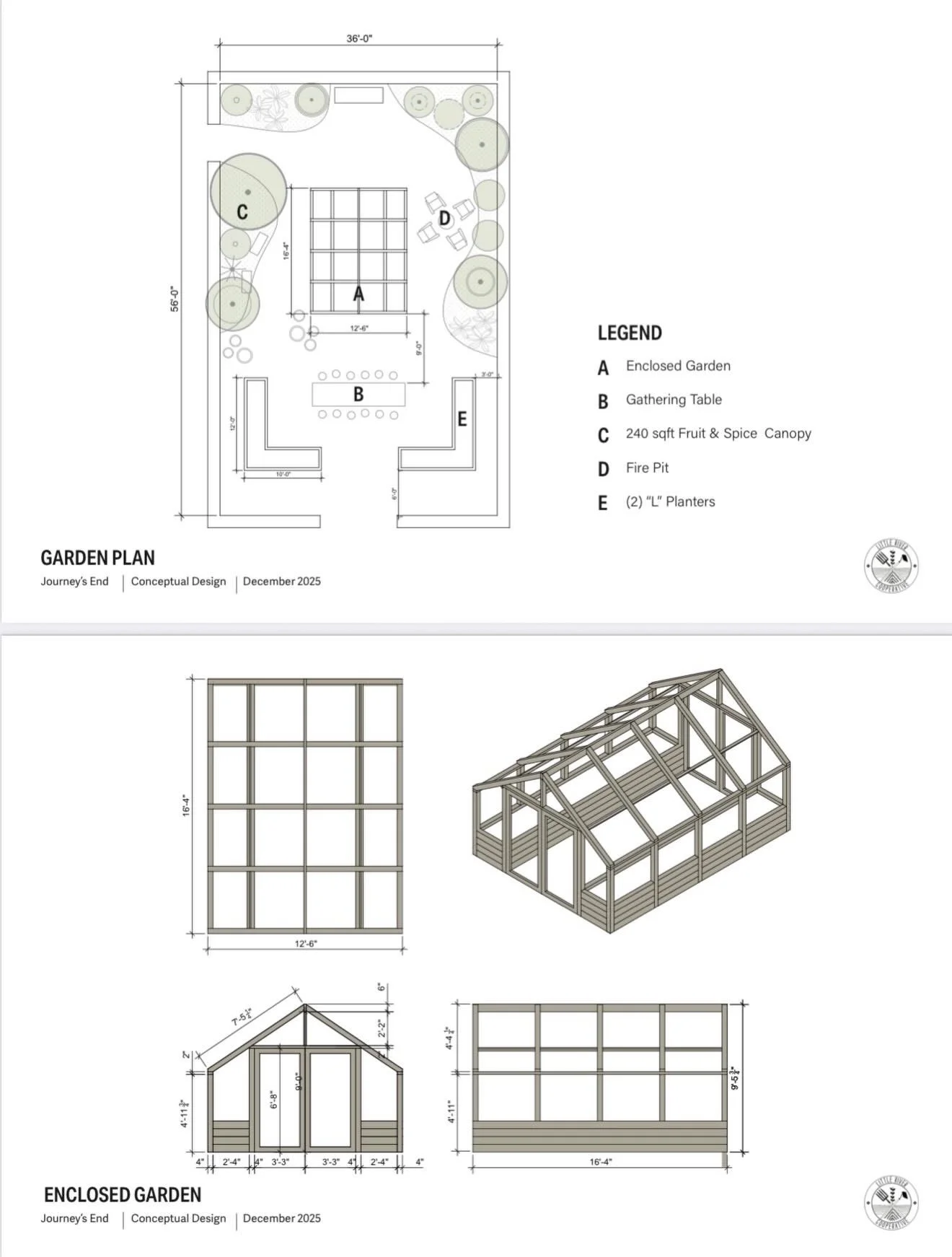 Garden plan and elevation drawings for the enclosed kitchen garden in Pinecrest