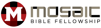 Logo of Mosaic Bible Fellowship featuring a bold red 'M' inside a circular design with a geometric pattern, accompanied by the text 'Mosaic' in a modern, minimalist font