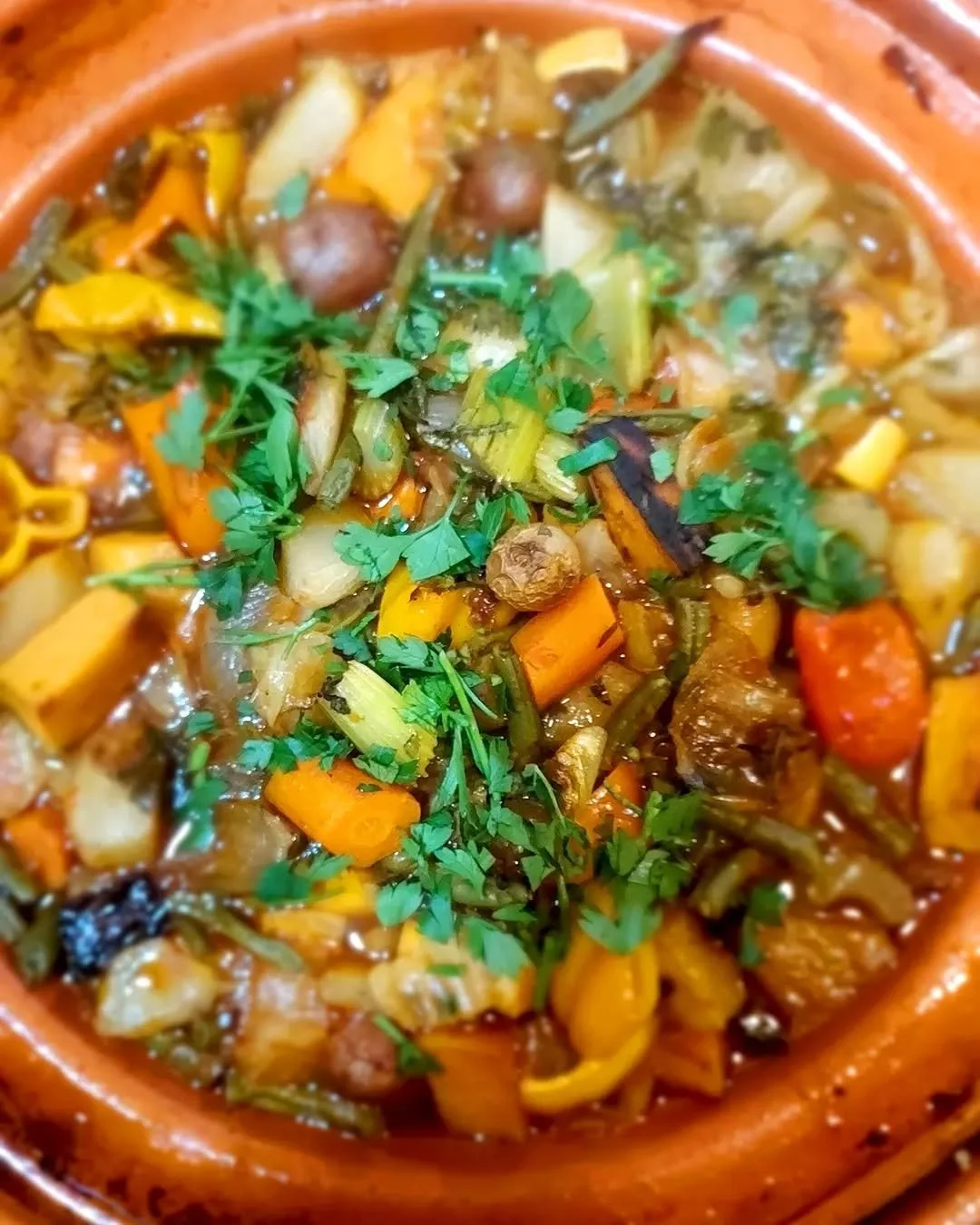 Harried about Thanksgiving guests&rsquo; dietary restrictions? #glutenfree This Moroccan tagine keeps food hot for hours. Saut&eacute; root veggies in #DuckFat. Add couscous and broth. The result is a flavorful, do-ahead, self-cooking main. #thanksgi