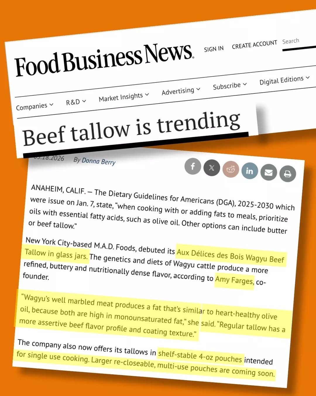 Thank you @foodbusinessnews and @donnaberrydairy for including us in your latest Issue of &ldquo;Food Business News&rdquo; where you highlight the growing trend of beef tallow and talk about the debut of our #wagyubeeftallow and the shelf-stable pouc